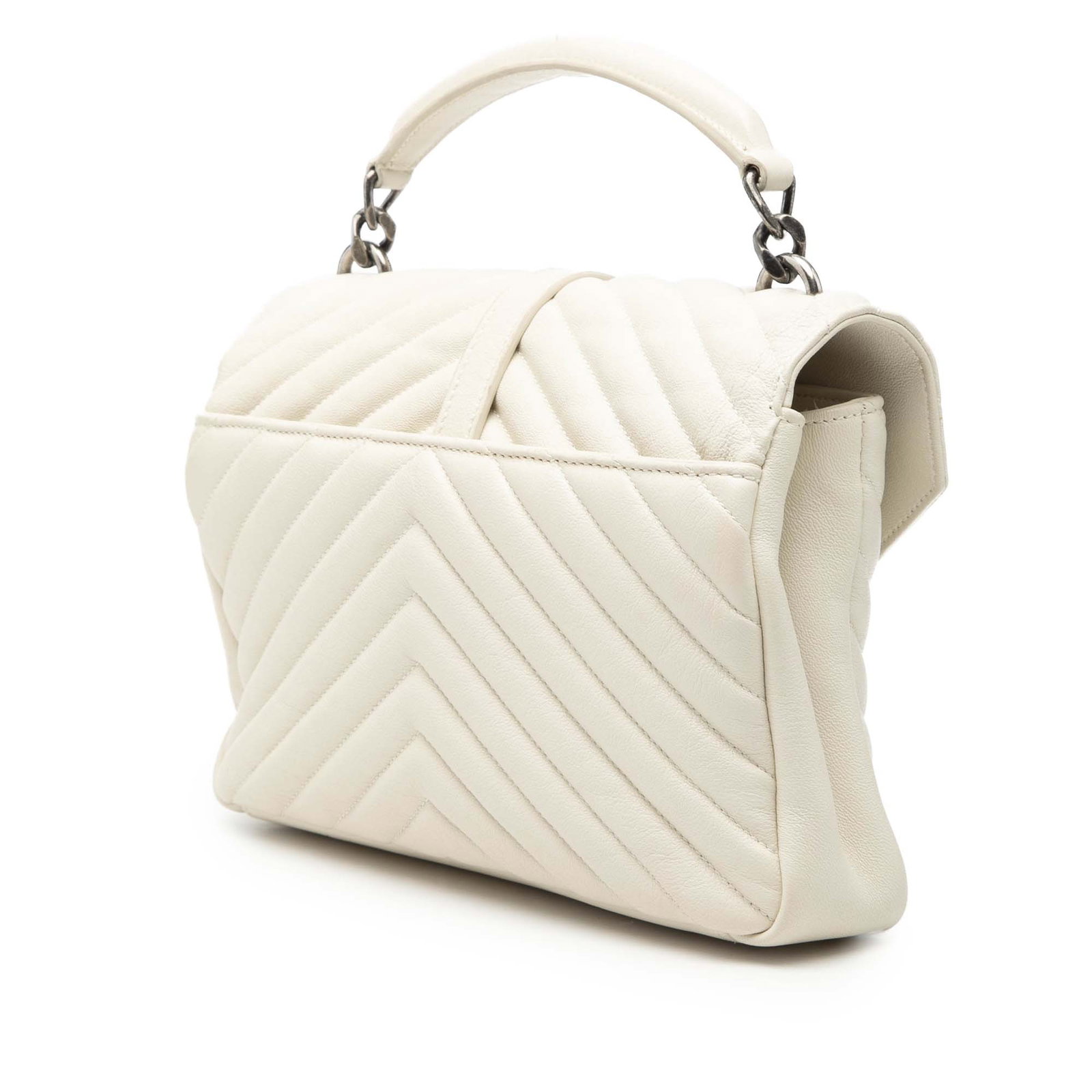 Saint Laurent College satchel quilted sheepskin with chain strap: Saint Laurent College satchel quilted sheepskin with chain strap This Saint Laurent Medium Quilted Chevron Sheepskin College Satchel features a stylish quilted leather body with a chevron pattern, a f