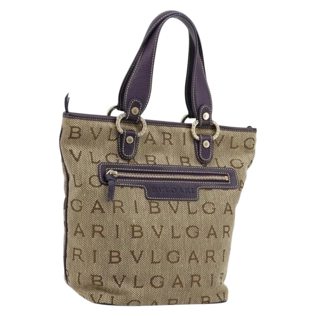 Bvlgari Logomania beige canvas handbag 21cm x 26cm x 12cm: Bvlgari Logomania beige canvas handbag 21cm x 26cm x 12cm Bvlgari Logomania canvas bag in beige with a very good overall condition. The exterior shows light wear to the canvas, corners, and handle. Th