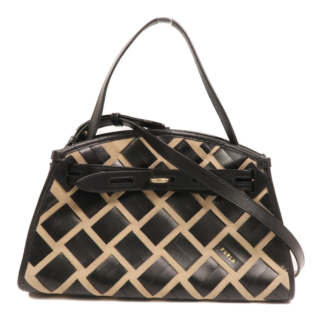 Furla calfskin leather shoulder bag black beige Italy: Furla calfskin leather shoulder bag black beige Italy Furla shoulder bag in calfskin leather with a black and beige color combination. It features a turn lock closure, a black frame color, and comes w