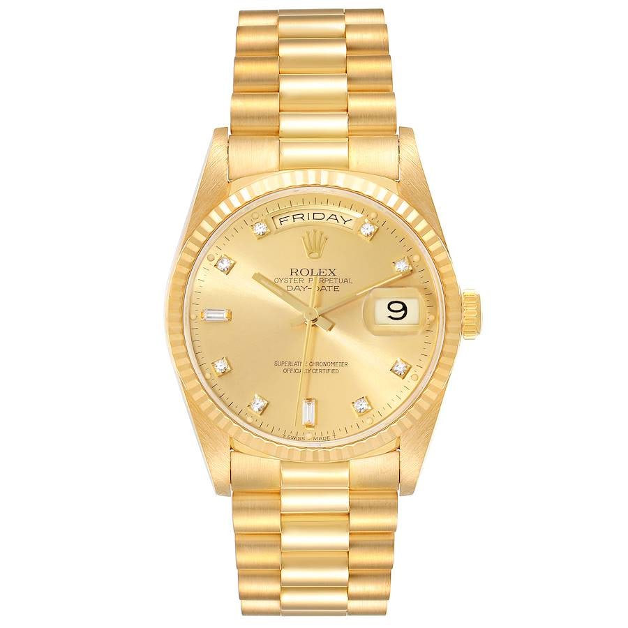 Rolex Ref 18238 Day Date 36 Mens Watch President Bracelet Papers: Rolex Ref 18238 Day Date 36 Mens Watch President Bracelet Papers Rolex Day Date 36 men's watch with a champagne diamond dial, fluted bezel, and President bracelet. Reference 18238. Includes papers and