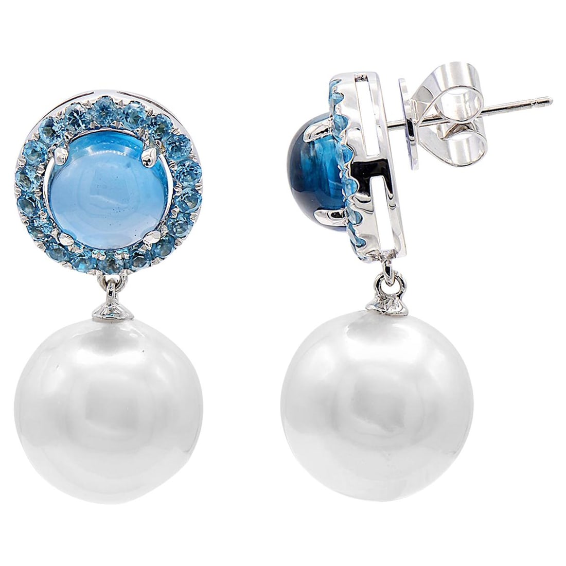 Harbor Diamonds 18K White Gold Blue Topaz South Sea Pearl Drop Earrings: Harbor Diamonds 18K White Gold Blue Topaz South Sea Pearl Drop Earrings Elevate your elegance with these stunning drop earrings crafted in 18K white gold. Featuring a contemporary design, they showcas