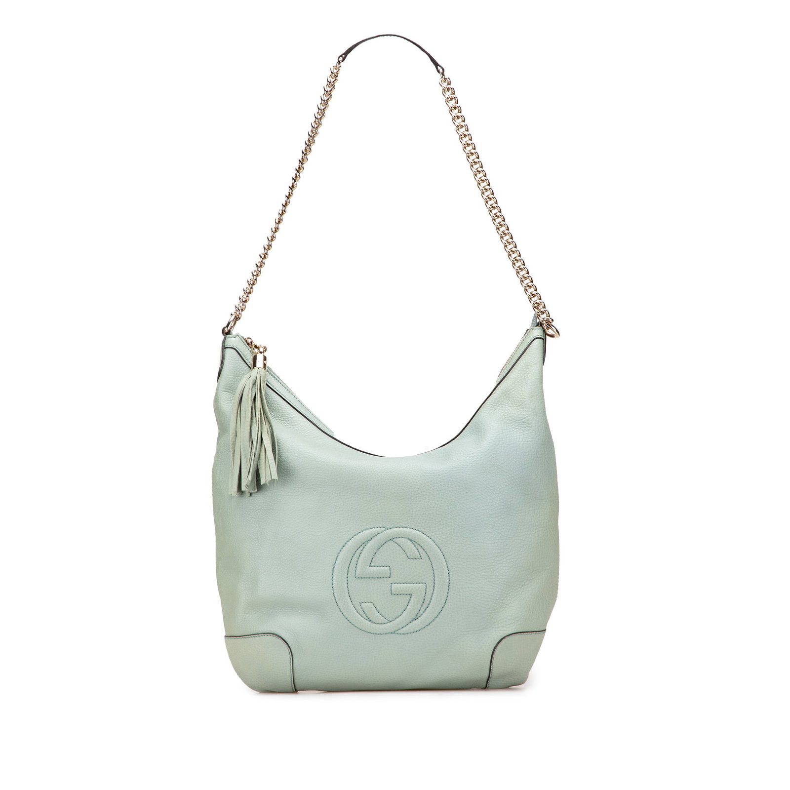 Gucci Blue Leather Soho Chain Shoulder Bag with Tassel Detail: Gucci Blue Leather Soho Chain Shoulder Bag with Tassel Detail Elevate your accessory collection with the Gucci Leather Soho Chain Shoulder Bag. This stylish shoulder bag is crafted from high-quality l