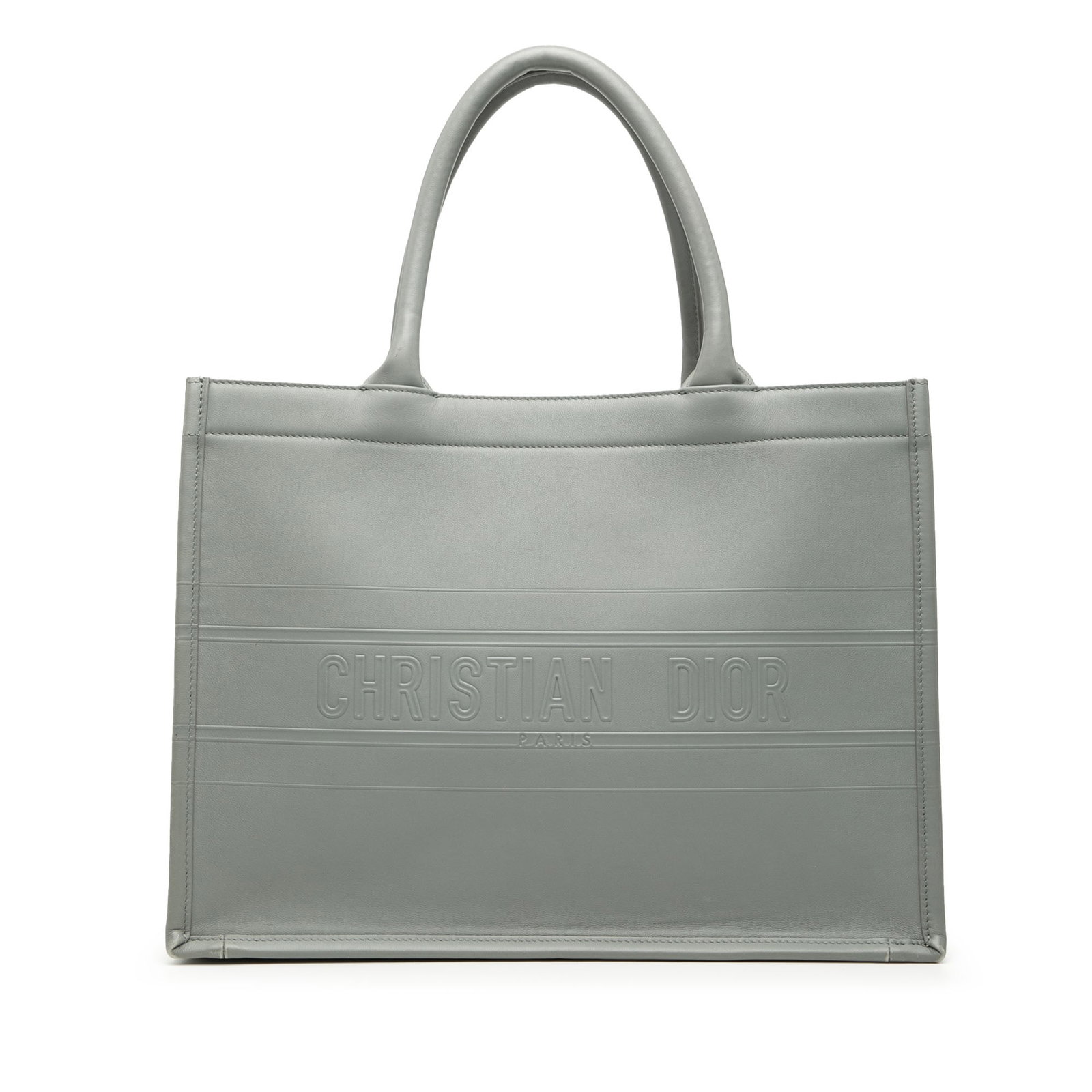 Dior Book Tote Medium Gray Embossed Leather Handbag Italy: Dior Book Tote Medium Gray Embossed Leather Handbag Italy This Dior Medium Embossed Leather Book Tote is crafted from gray leather and features rolled leather handles with an open top design. The bag 