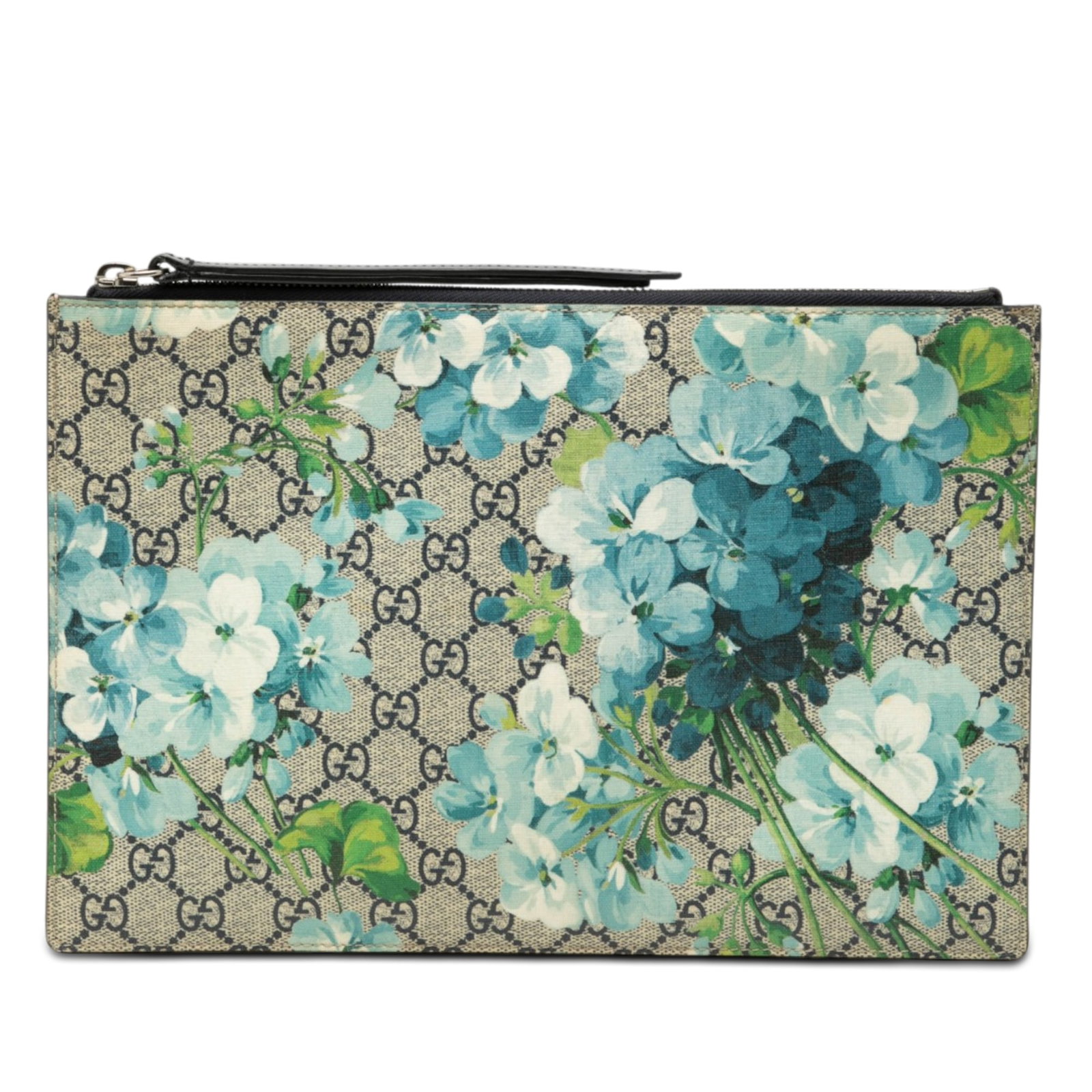 Gucci GG Supreme Blooms Floral Coated Canvas Zip Clutch: Gucci GG Supreme Blooms Floral Coated Canvas Zip Clutch This is a Gucci GG Supreme Blooms Clutch in beige, made in Italy. It features a floral printed coated canvas body, a top zip closure, and a fabr