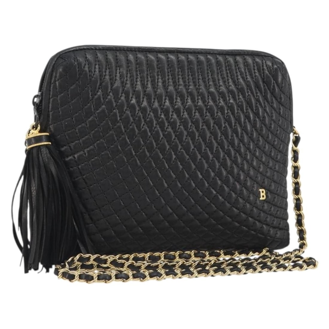 Bally Black Leather Shoulder Bag with Gold Chain Made in Italy: Bally Black Leather Shoulder Bag with Gold Chain Made in Italy Black leather chain shoulder bag with gold-tone accents. Made in Italy, it measures approximately 20 cm W x 17 cm H x 3 cm D, with a shou