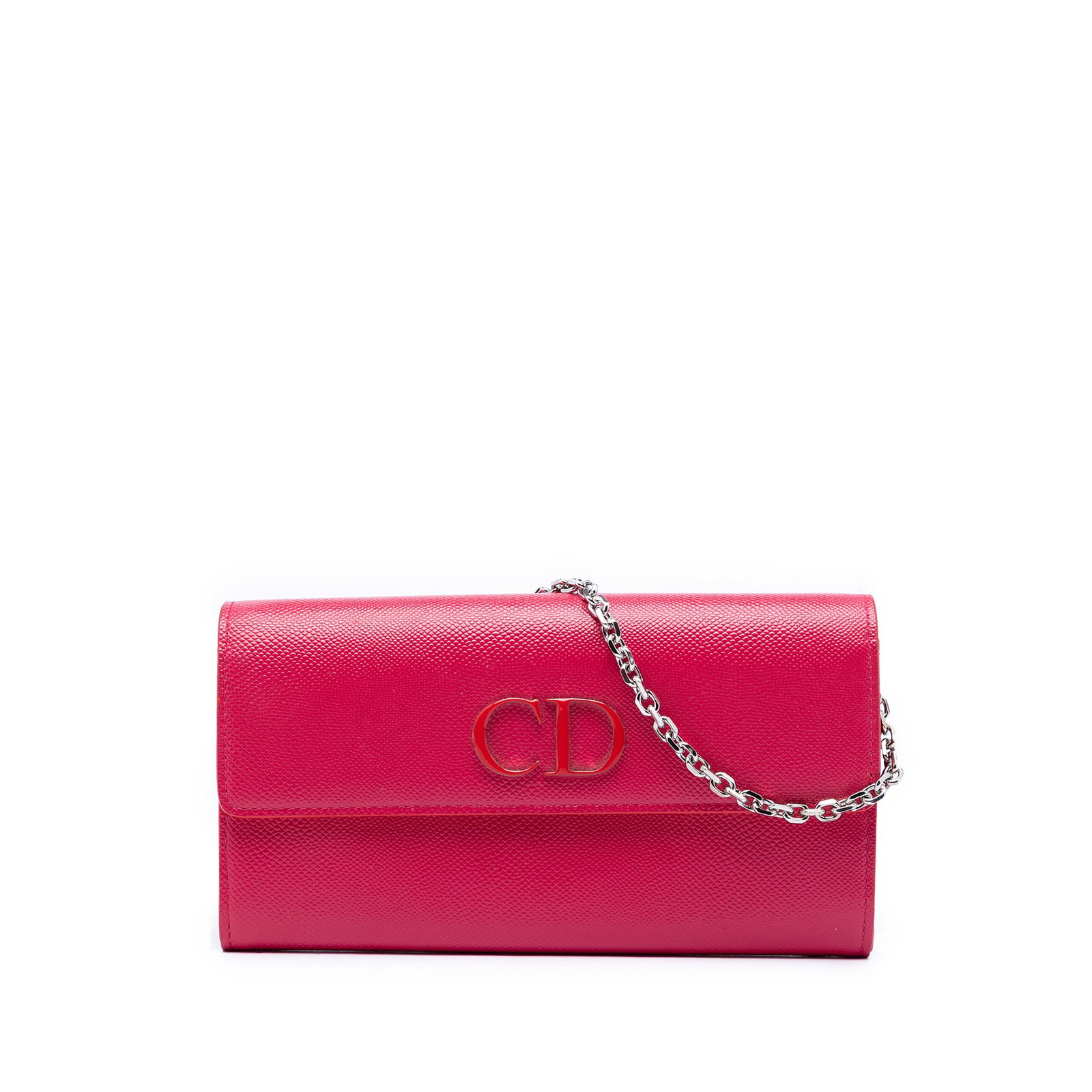 Dior pink patent chain wallet with flap closure: Dior pink patent chain wallet with flap closure This Dior Grained Patent Mania Rendez Vouz Wallet on Chain is crafted from grained patent leather in a pink color. It features a detachable chain link s