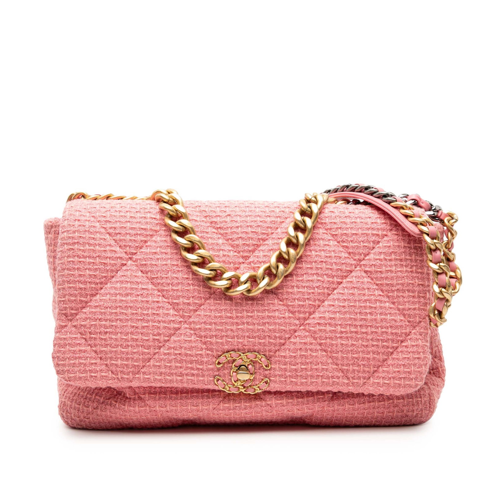 Chanel 19 Maxi Flap Pink Tweed Shoulder Bag with Chain Handle: Chanel 19 Maxi Flap Pink Tweed Shoulder Bag with Chain Handle This Chanel Maxi Tweed 19 Flap bag features a pink tweed fabric body, a chain link handle, and a leather-woven chain strap with a leather 