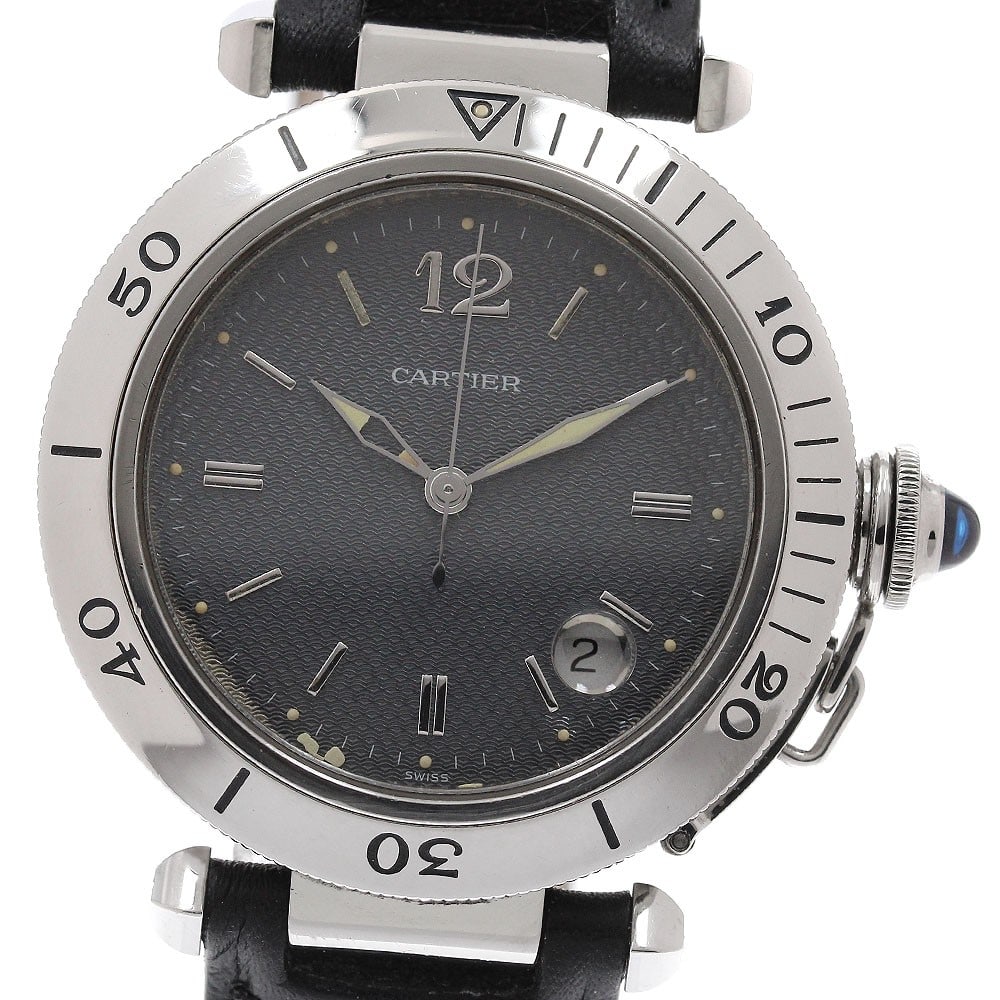 Cartier Pasha 38mm W3101755 Mens Automatic Watch Gray Dial Leather Strap: Cartier Pasha 38mm W3101755 Mens Automatic Watch Gray Dial Leather Strap Cartier Pasha 38mm men's wristwatch with a gray dial, stainless steel case, leather belt, and automatic movement. It features a