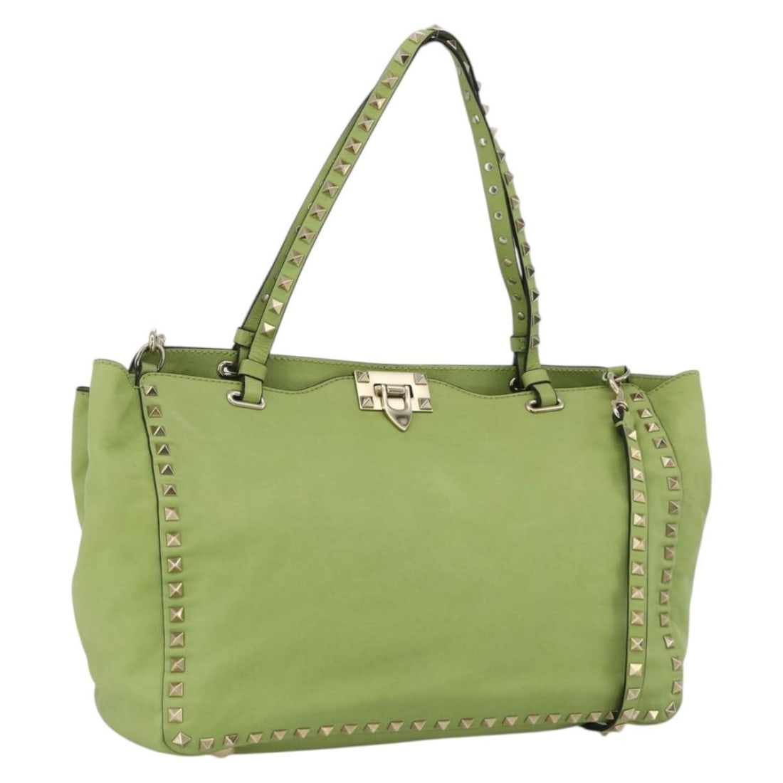 VALENTINO Rock Stud Leather Tote Handbag Gold Light Green: VALENTINO Rock Stud Leather Tote Handbag Gold Light Green Valentino Rock Studs tote bag in leather with a gold and light green exterior. Made in Italy, this women's tote bag measures approximately 32 
