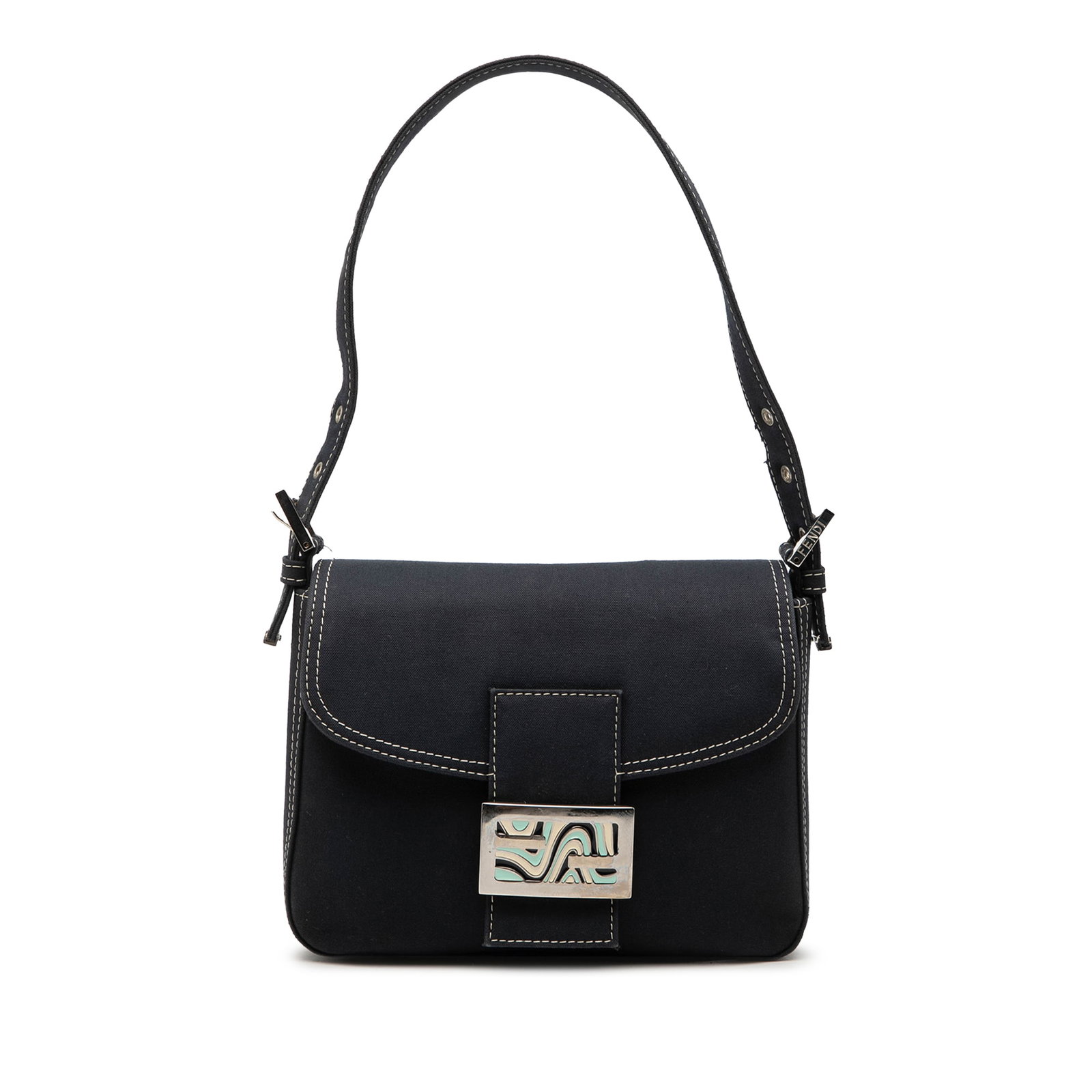 Fendi FF Marble Flap Blue Canvas Shoulder Bag: Fendi FF Marble Flap Blue Canvas Shoulder Bag Fendi Canvas FF Marble Flap shoulder bag in blue fabric with a flat leather shoulder strap, front flap, magnetic snap button closure, and an interior zip 