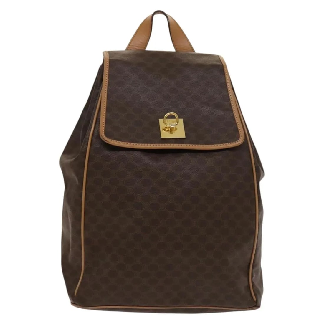 Vintage Celine Macadam Coated Canvas Drawstring Backpack Brown: Vintage Celine Macadam Coated Canvas Drawstring Backpack Brown This vintage Celine drawstring flap backpack for women features brown coated canvas with leather accents. It offers a stylish and functio