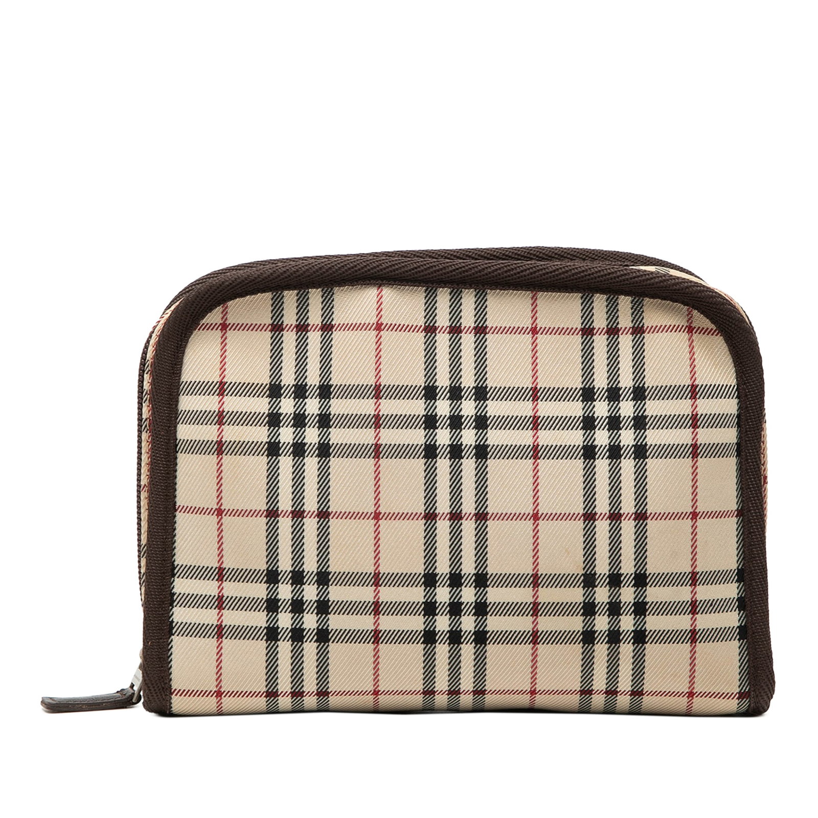 Burberry Beige Canvas House Check Makeup Bag with Zip Closure: Burberry Beige Canvas House Check Makeup Bag with Zip Closure This Burberry House Check Canvas Cosmetic Pouch features a classic beige canvas body with a top zip closure and interior slip pockets. Cra