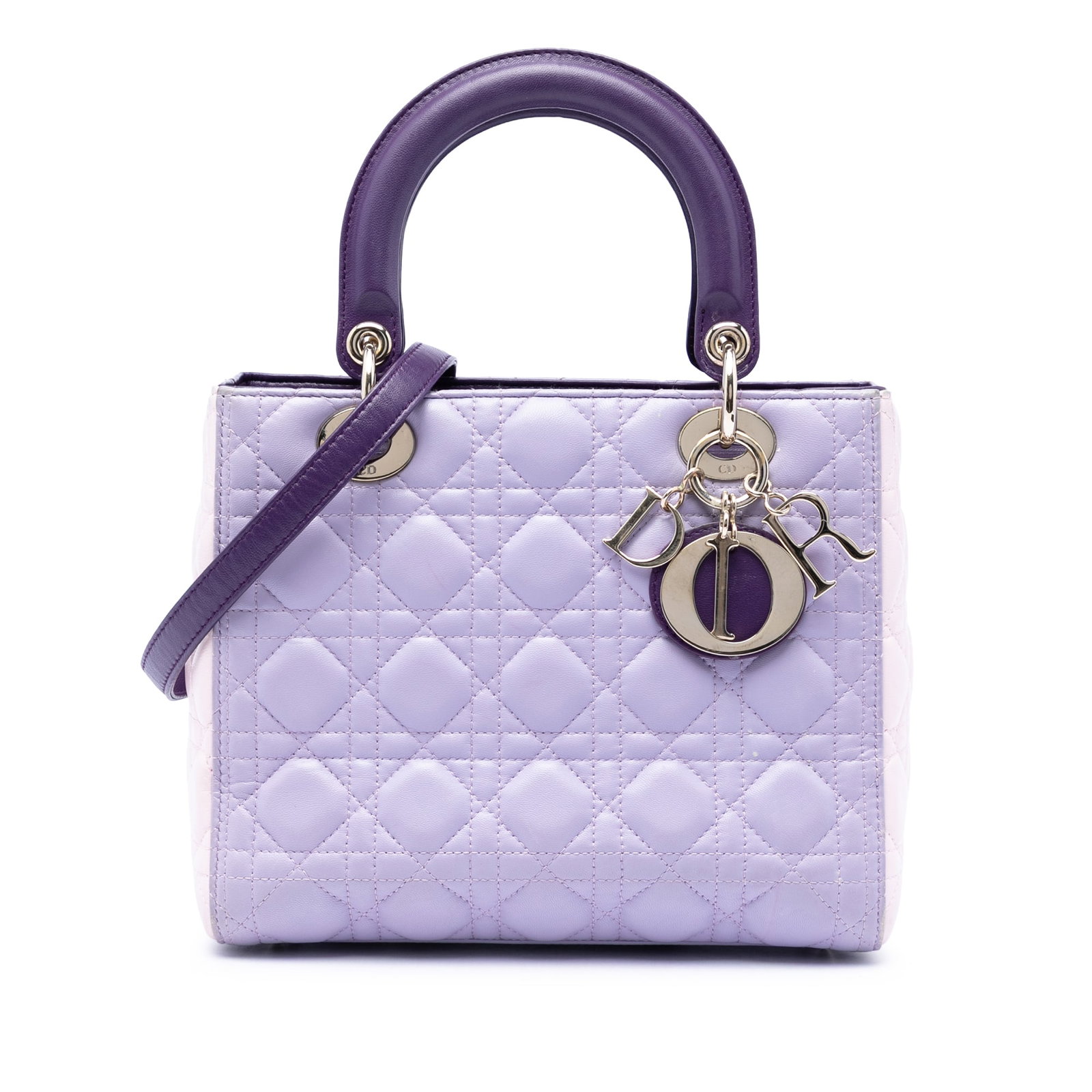 Dior Lady Dior Medium Tricolor Cannage Lambskin Handbag: Dior Lady Dior Medium Tricolor Cannage Lambskin Handbag This Medium Tricolor Lambskin Cannage Lady Dior bag features a quilted tricolor lambskin leather body, flat leather top handles, a detachable fl
