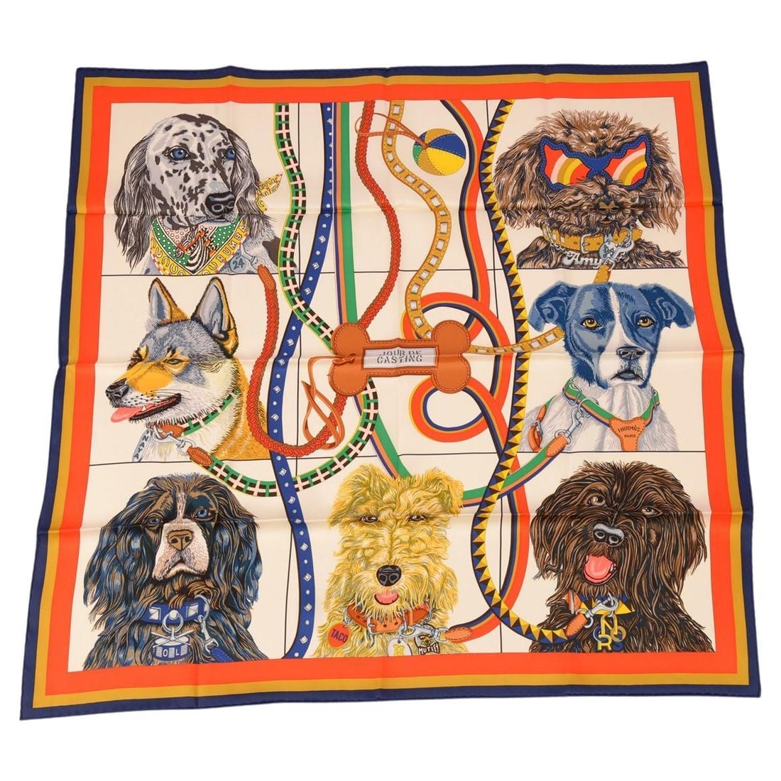 Hermes Jour de Casting silk scarf 26 in France: Hermes Jour de Casting silk scarf 26 in France Hermes "Jour de Casting" scarf in 100% silk with hand rolled edges, designed by artist Liz Stirling. The whimsical design features seven well-groomed dog