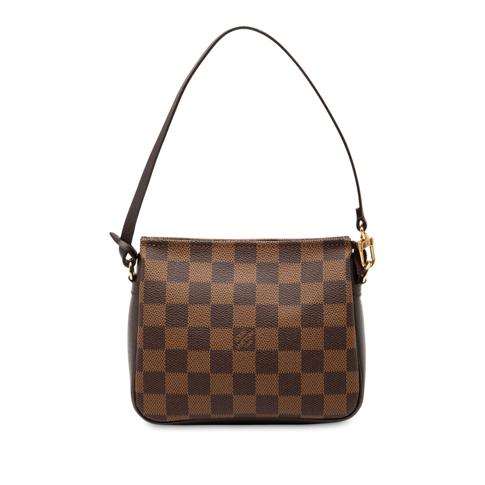Damier Ebene Canvas Pouch Bag by Louis Vuitton with Leather Trim: Damier Ebene Canvas Pouch Bag by Louis Vuitton with Leather Trim The Louis Vuitton Damier Ebene Trousse Pochette features a brown Damier Ebene canvas body with leather trim, a flat leather strap, and 