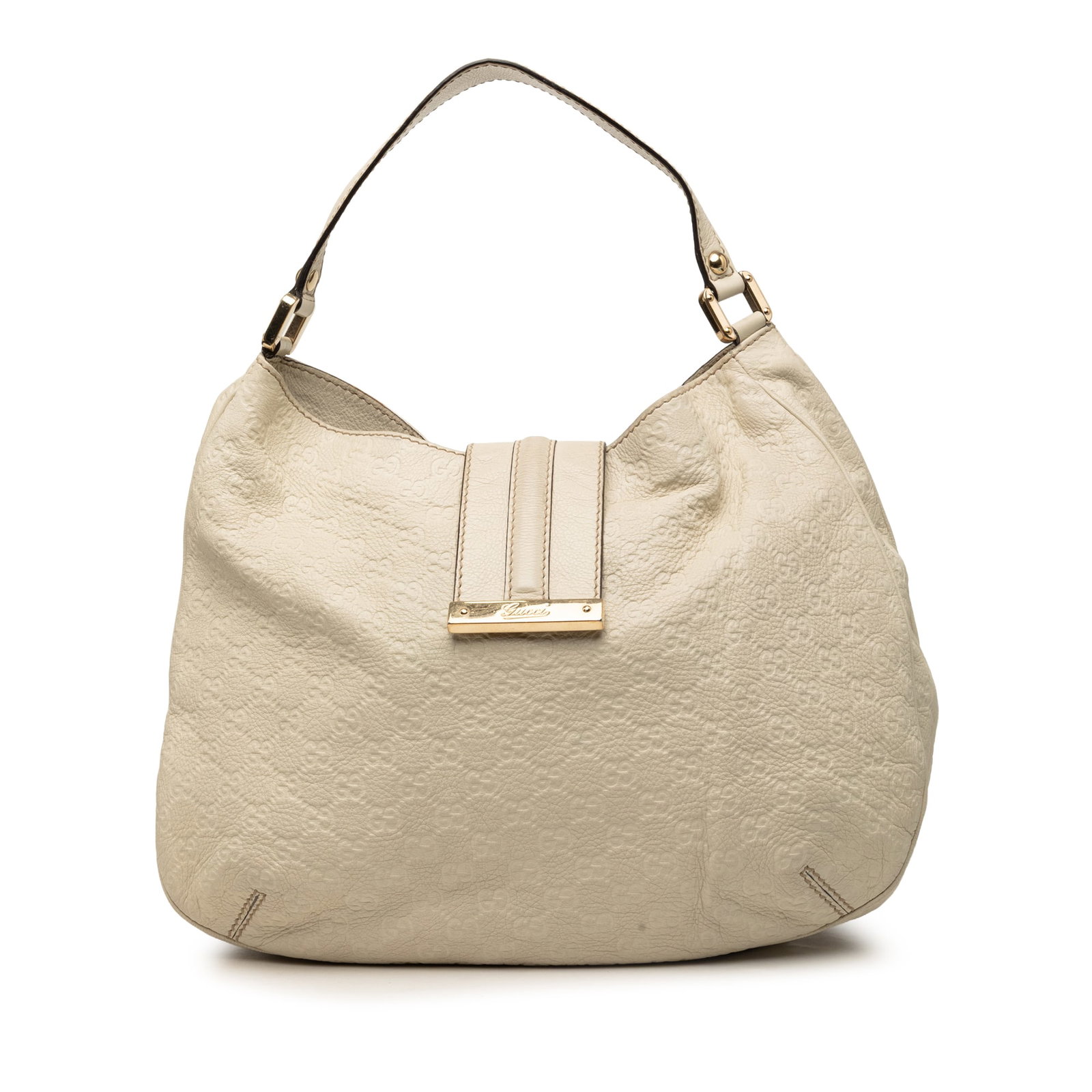 Gucci Large Guccissima Leather Hobo Bag White: Gucci Large Guccissima Leather Hobo Bag White Large Guccissima New Ladies Hobo bag in white embossed leather with a flat leather strap, open top, and top strap with magnetic snap closure. The interior