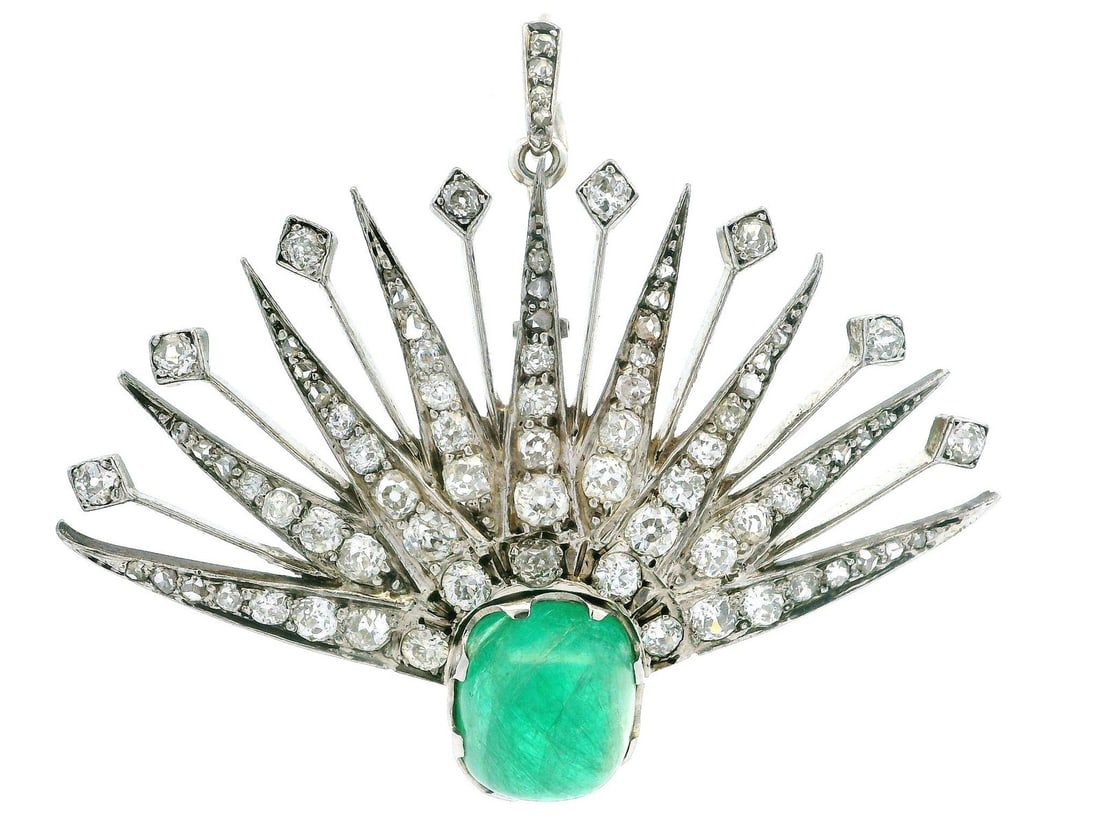 Antique 10k White Gold Emerald Diamond Pendant 10.9ct: Antique 10k White Gold Emerald Diamond Pendant 10.9ct This exquisite antique pendant showcases a stunning cabochon emerald and old cut diamonds, making it a perfect statement piece. The centerpiece is