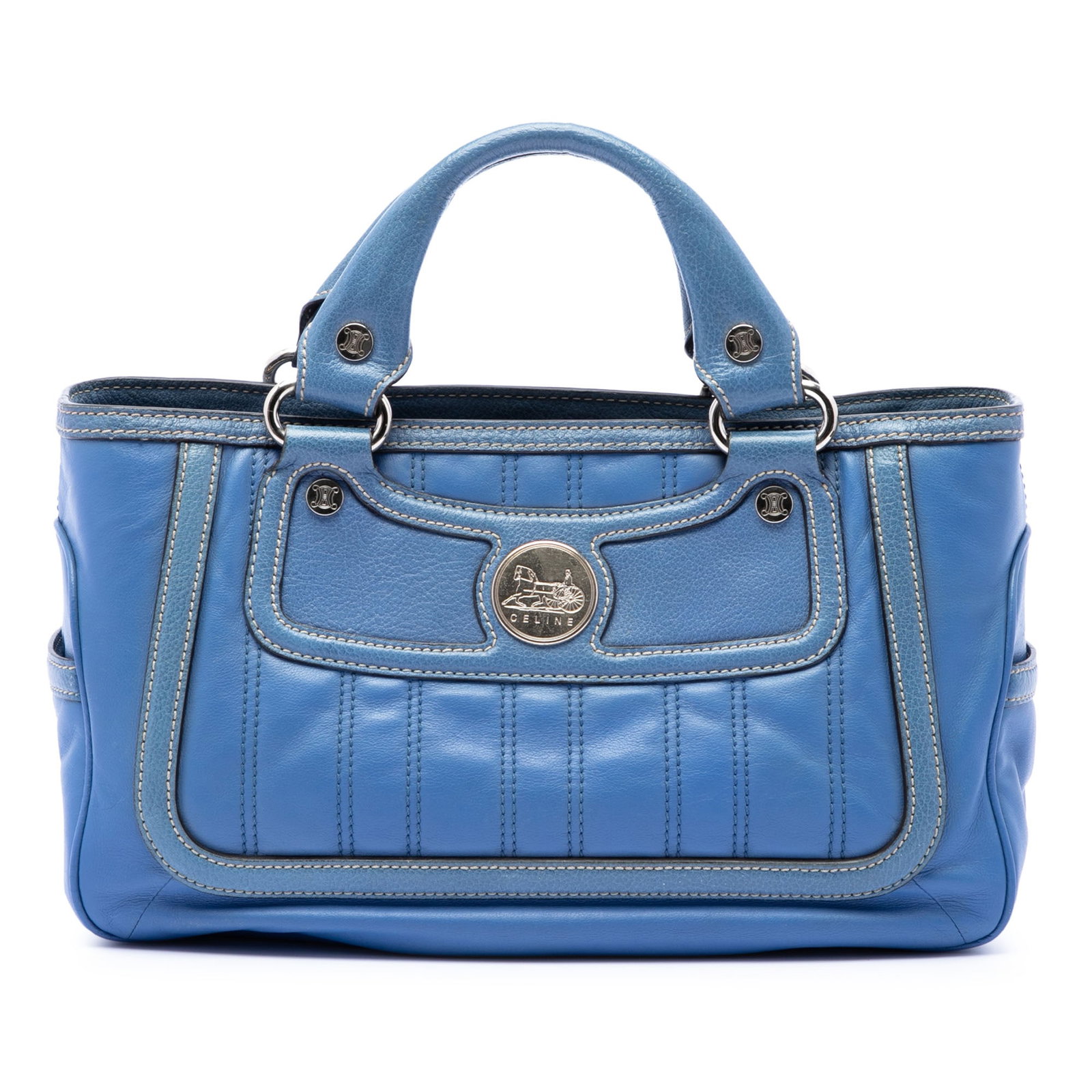 Celine Boogie Horse Carriage Blue Leather Satchel Bag: Celine Boogie Horse Carriage Blue Leather Satchel Bag Celine Boogie Horse Carriage handbag crafted in blue leather. This handbag features rolled leather handles, an open top, an exterior side slip poc