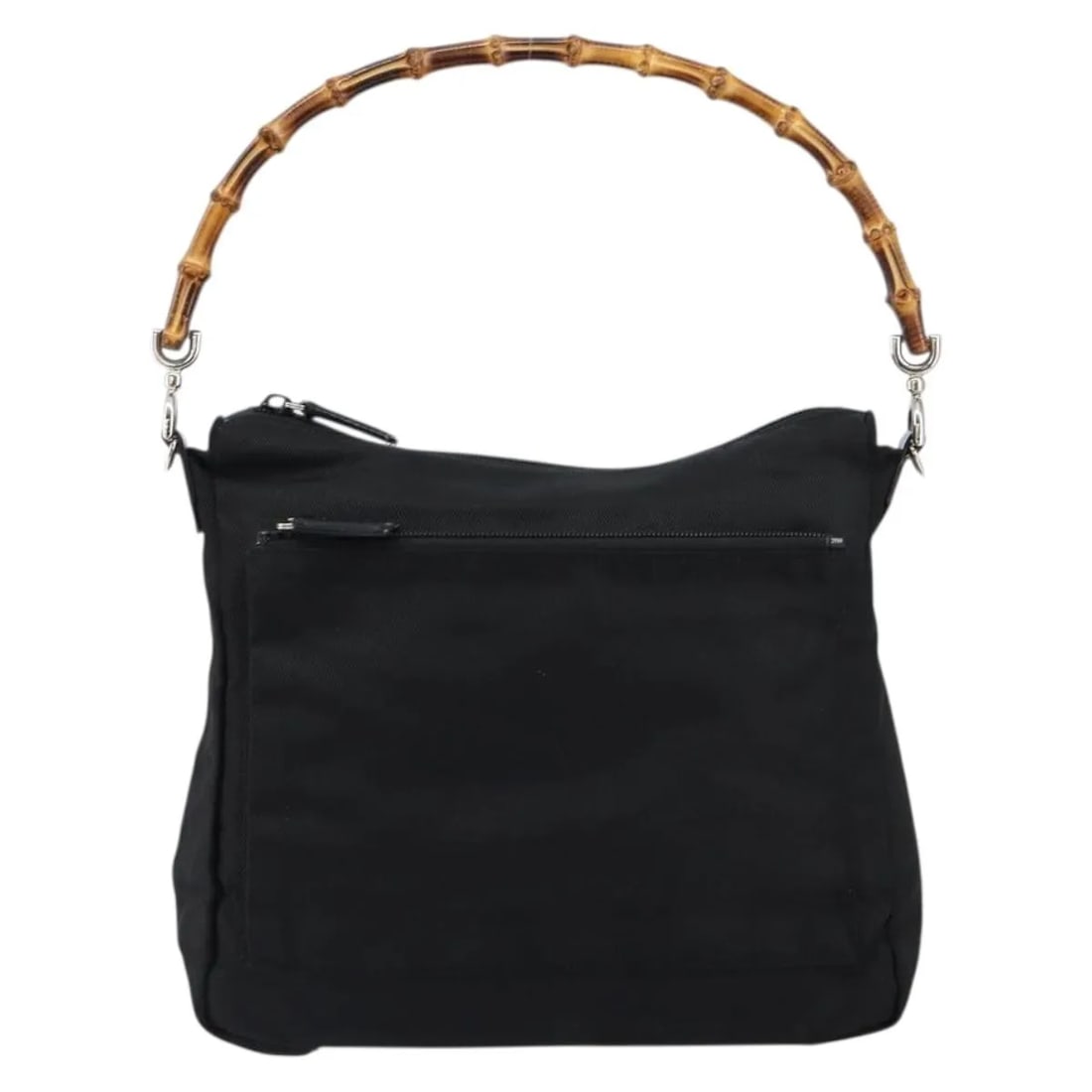 Black Nylon Gucci Handbag with Bamboo Handle Vintage Style: Black Nylon Gucci Handbag with Bamboo Handle Vintage Style This vintage Gucci handbag features a black nylon body with a signature bamboo handle, designed for female use. It shows typical signs of wea