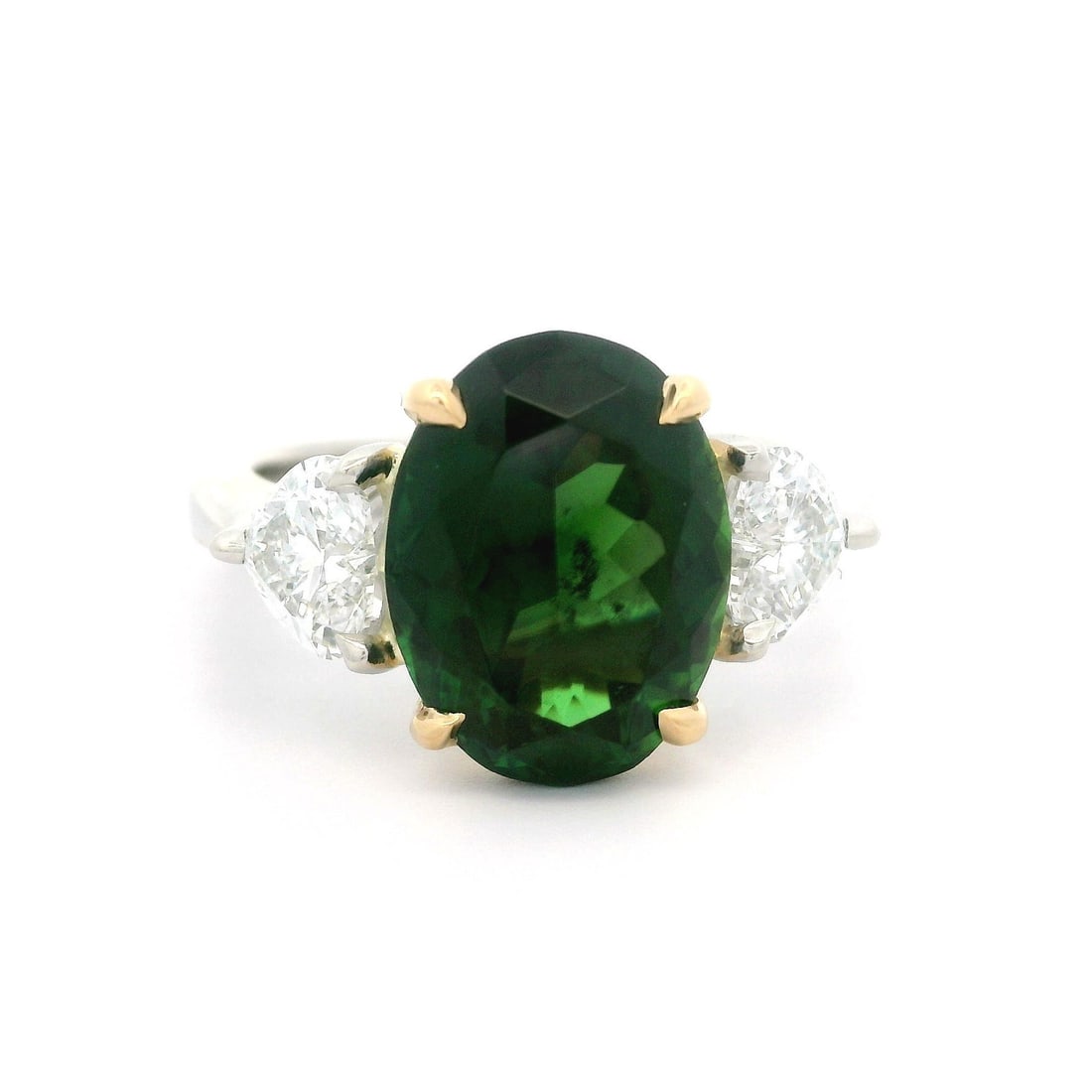 Platinum Gold GIA Certified 5.59ct Tourmaline & Heart Diamond Ring: Platinum Gold GIA Certified 5.59ct Tourmaline & Heart Diamond Ring This stunning ring features a natural genuine oval-cut chrome tourmaline with a deep vivid green color, weighing 4.59 carats, beautif