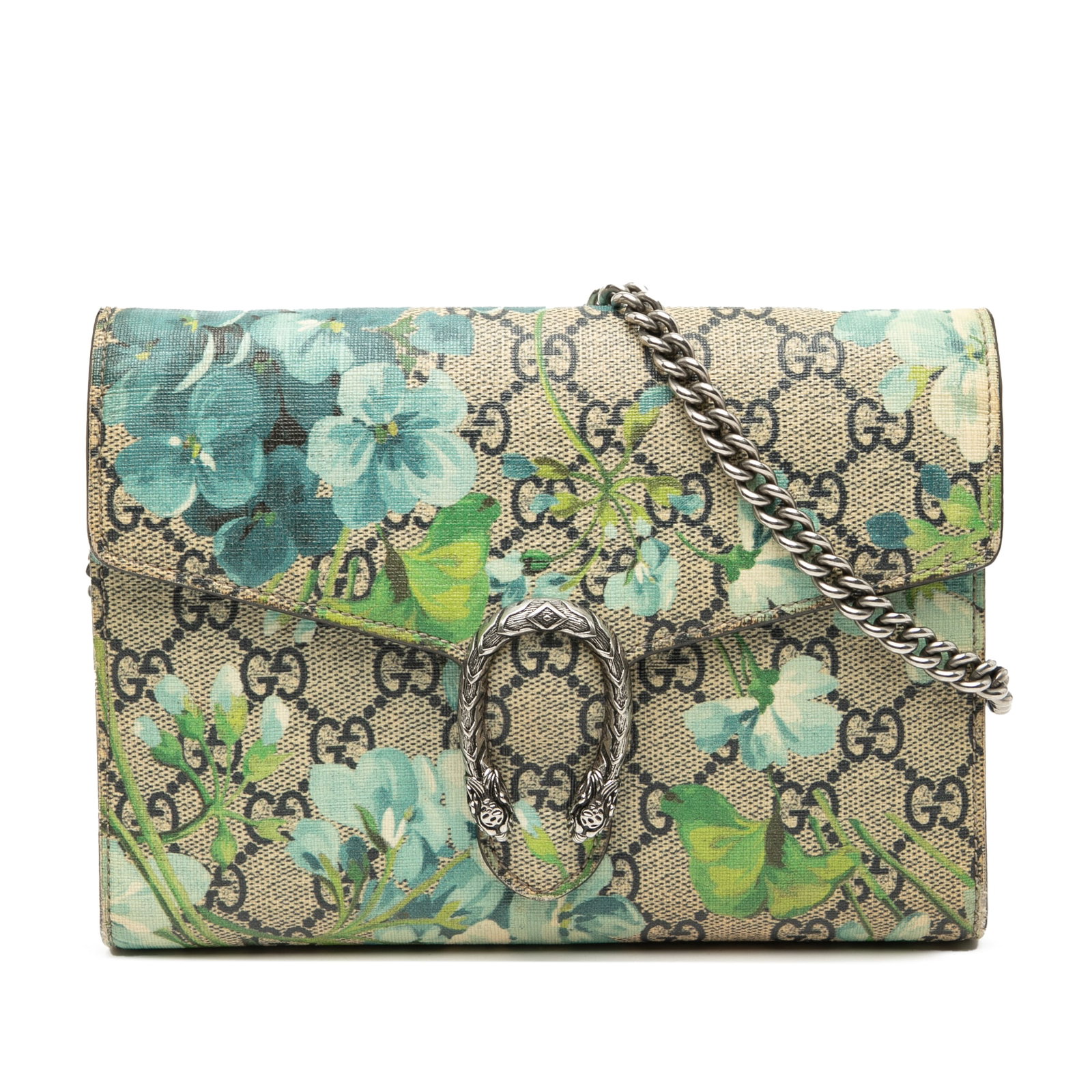 Gucci Dionysus GG Supreme Blooms wallet on chain beige: Gucci Dionysus GG Supreme Blooms wallet on chain beige The Gucci GG Supreme Blooms Dionysus Wallet on Chain features a floral printed coated canvas exterior with a detachable chain-link strap. It has 