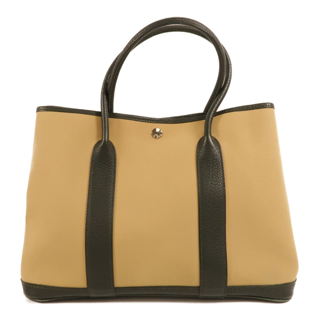 Hermes Garden Party 36 PM Tote in Toile and Negonda Leather: Hermes Garden Party 36 PM Tote in Toile and Negonda Leather Hermes Garden Party PM handbag tote bag in Toile Negonda leather, presented in Trench/Vert Fonce color. The bag features a hook button closu