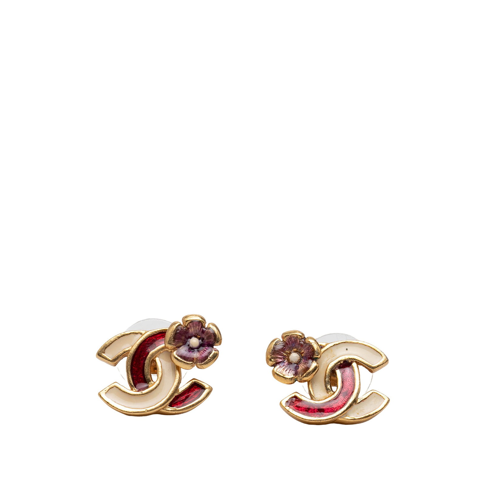Chanel CC Flower Earrings Gold Tone Bicolor Enamel Bullet Back: Chanel CC Flower Earrings Gold Tone Bicolor Enamel Bullet Back Chanel CC Gold Plated Bicolor Enamel Flower Bullet Back Earrings. These costume earrings feature enamel bodies, gold-tone hardware, and b
