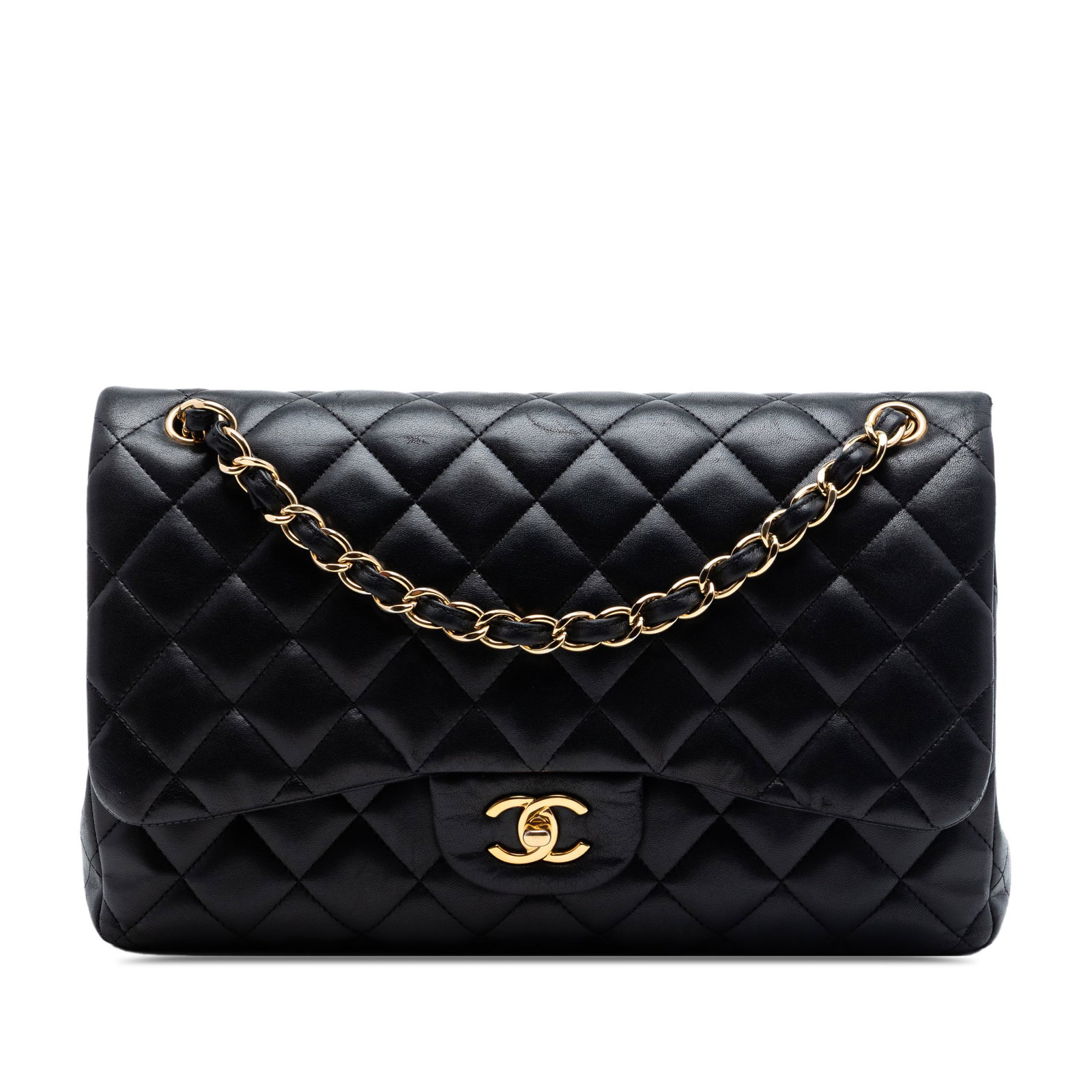 Chanel Jumbo Classic Double Flap Shoulder Bag Black Lambskin: Chanel Jumbo Classic Double Flap Shoulder Bag Black Lambskin A Chanel Jumbo Classic Lambskin Double Flap shoulder bag in black quilted lambskin leather. This bag features leather-woven chain straps, d