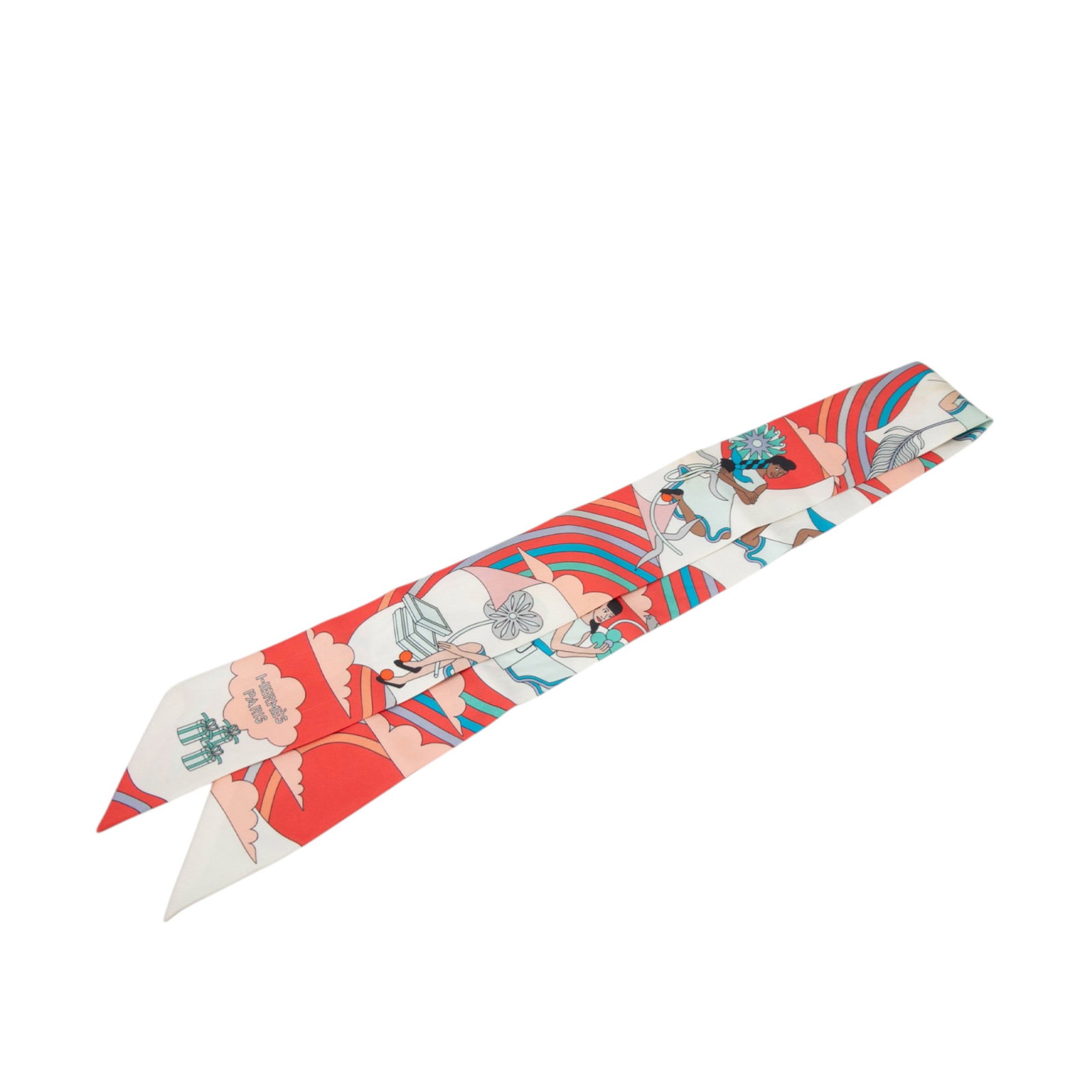 Hermes Orange Carres Volants Silk Twilly Scarf France: Hermes Orange Carres Volants Silk Twilly Scarf France This Hermes Carres Volants Twilly scarf showcases the distinctive Carres Volants print on 100% silk in a vibrant orange color. Made in France, thi