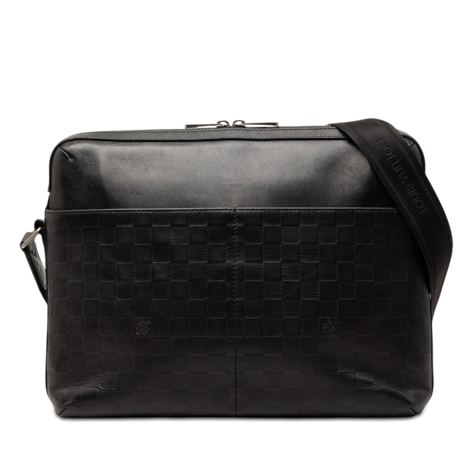 Louis Vuitton Calypso MM Damier Infini leather bag: Louis Vuitton Calypso MM Damier Infini leather bag This Louis Vuitton Damier Infini Calypso MM bag features a distinctive damier infini leather body in black, complemented by an adjustable flat strap 