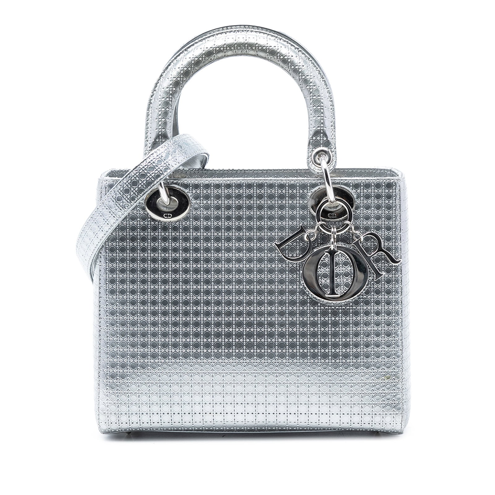 Dior Medium Lady Dior Silver Metallic Patent Microcannage Leather Bag: Dior Medium Lady Dior Silver Metallic Patent Microcannage Leather Bag This Medium Lady Dior handbag features a quilted leather body with a metallic patent microcannage pattern, flat leather handles, a