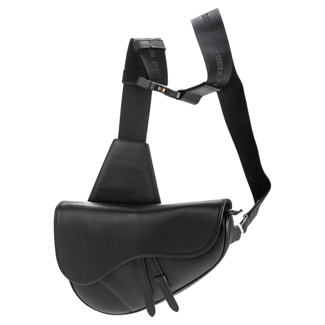 Dior Black Calfskin Saddle Crossbody Bag with Dust Cover: Dior Black Calfskin Saddle Crossbody Bag with Dust Cover This exquisite Dior black calfskin saddle crossbody bag showcases the timeless elegance of the Christian Dior brand. Crafted from premium grain