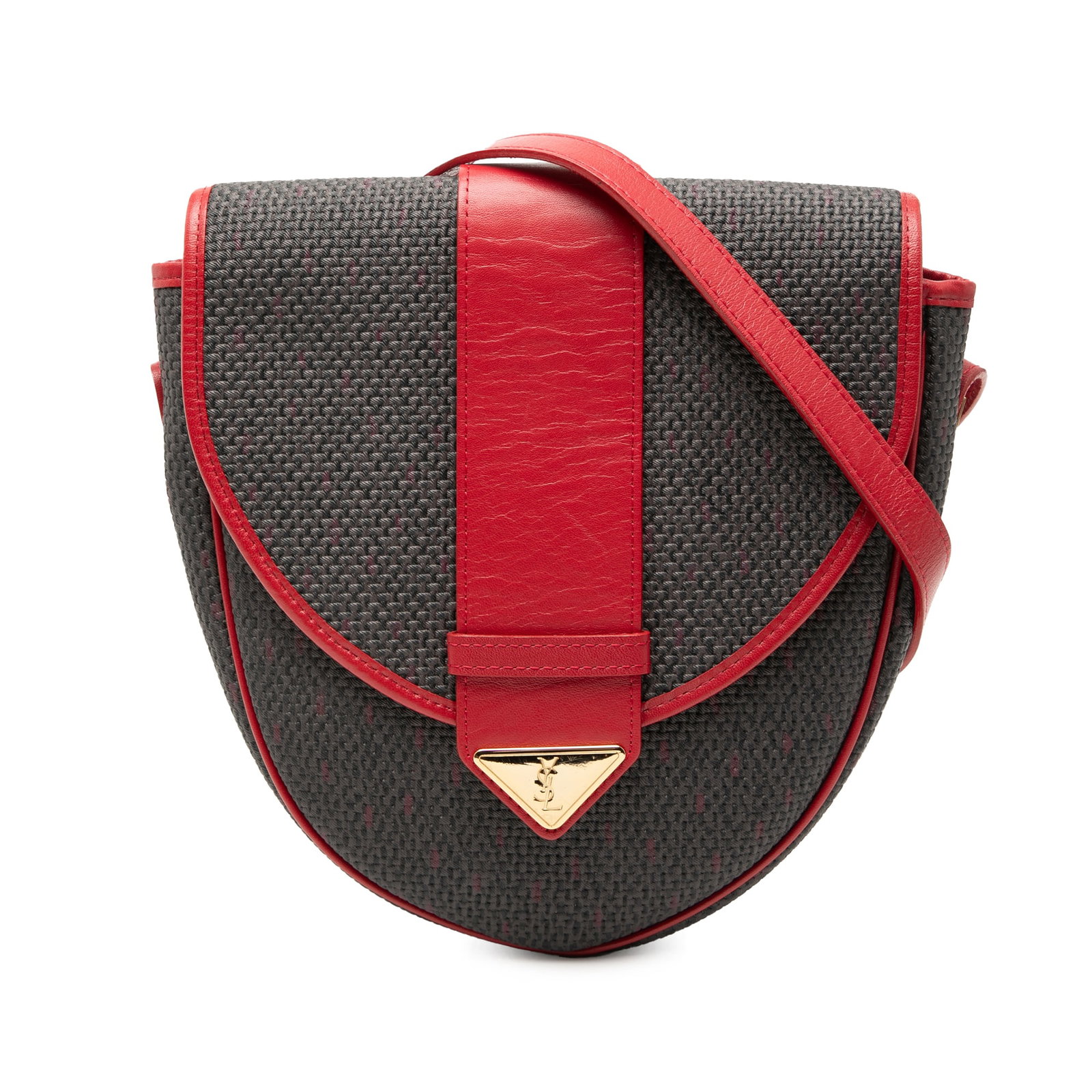 Coated Canvas Crossbody Bag with Leather Trim by Saint Laurent: Coated Canvas Crossbody Bag with Leather Trim by Saint Laurent This Saint Laurent crossbody bag features a coated canvas body accented with leather trim. It offers an adjustable flat leather strap, a 