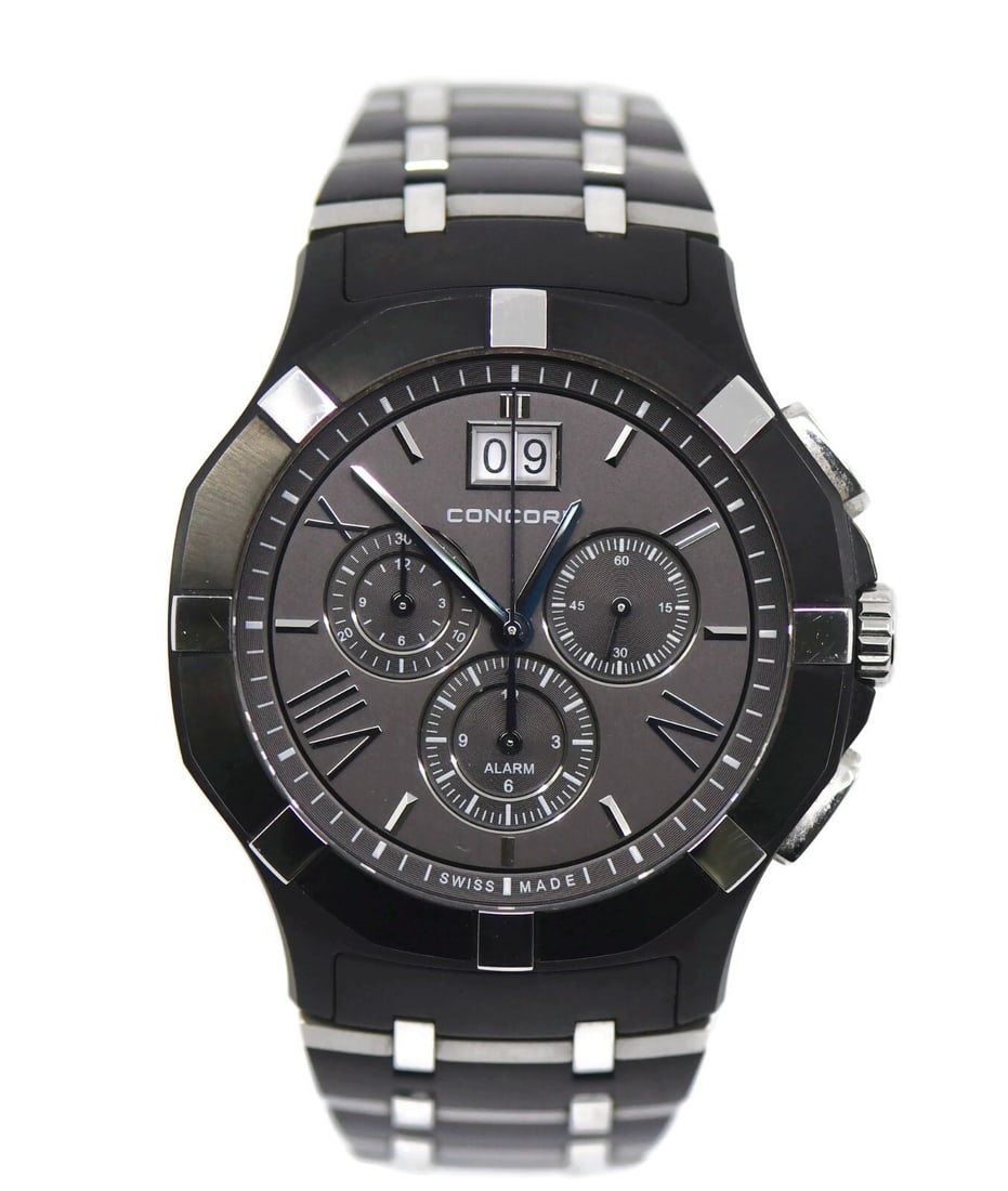 Concord Saratoga Chronograph Stainless Steel Watch 43mm Ref 320219 with Box and Papers: Concord Saratoga Chronograph Stainless Steel Watch 43mm Ref 320219 with Box and Papers This Concord Saratoga Chronograph wristwatch combines elegance with functionality. Featuring a durable stainless 