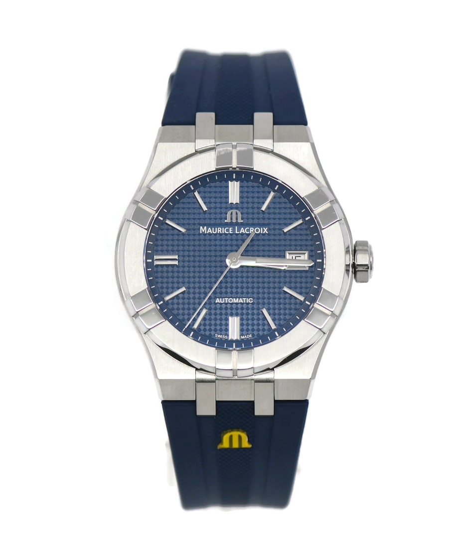 Maurice Lacroix AIKON 39mm automatic wristwatch blue dial box papers: Maurice Lacroix AIKON 39mm automatic wristwatch blue dial box papers Maurice Lacroix AIKON wristwatch in stainless steel with a silver fixed bezel, brushed silver case, and blue analog dial. It featur