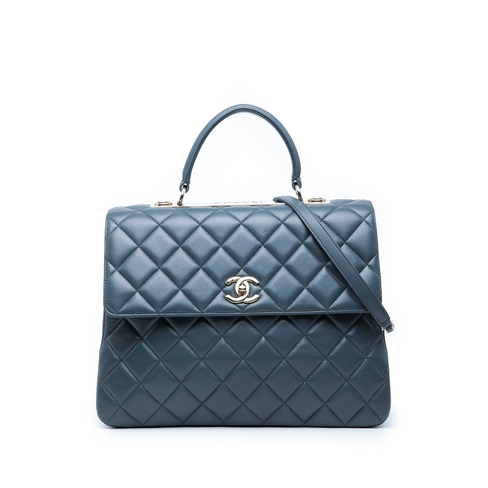 Chanel Trendy CC blue lambskin top handle satchel: Chanel Trendy CC blue lambskin top handle satchel This Chanel Large Lambskin Trendy CC Top Handle Flap bag features a quilted lambskin leather body in blue, complemented by a flat leather top handle a