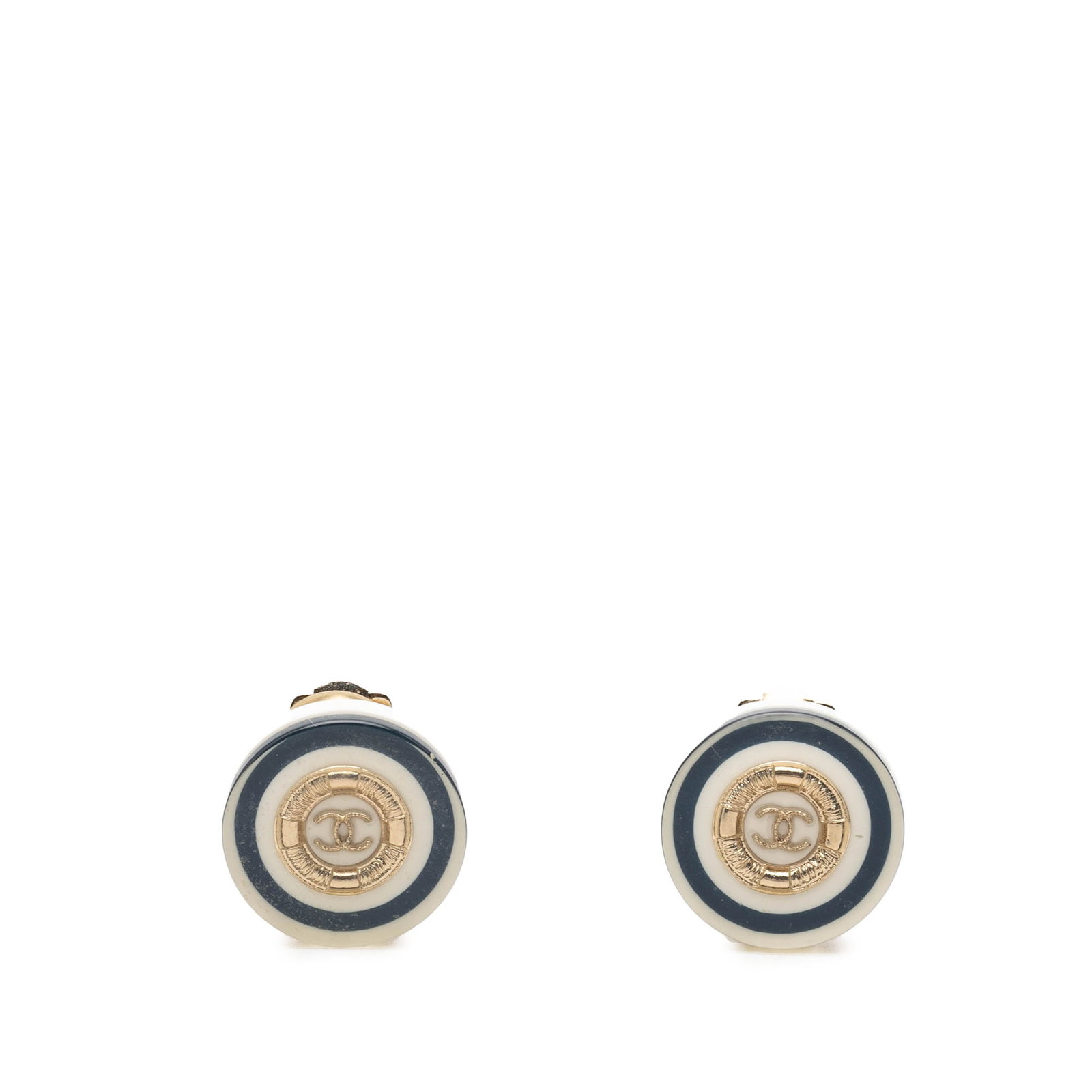 Chanel CC Button Clip Earrings Gold Plated Resin: Chanel CC Button Clip Earrings Gold Plated Resin Clip-on button earrings from Chanel featuring white resin bodies with gold plated brass accents and the signature CC motif. This costume jewelry pair i