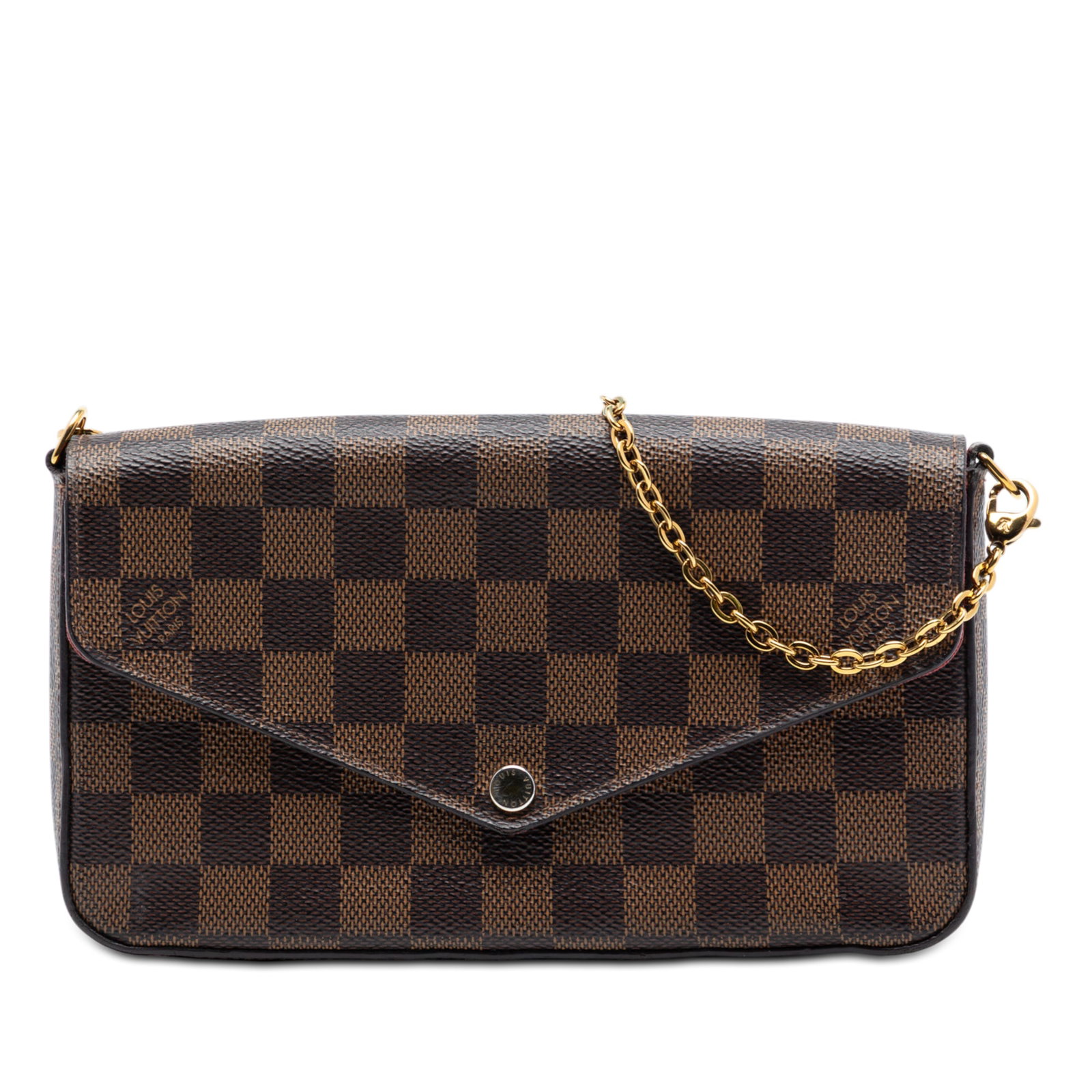 Louis Vuitton Felicie Crossbody in Damier Ebene Canvas with Chain Strap: Louis Vuitton Felicie Crossbody in Damier Ebene Canvas with Chain Strap The Louis Vuitton Damier Ebene Pochette Felicie is a crossbody bag crafted from Damier canvas in brown, featuring a detachable g