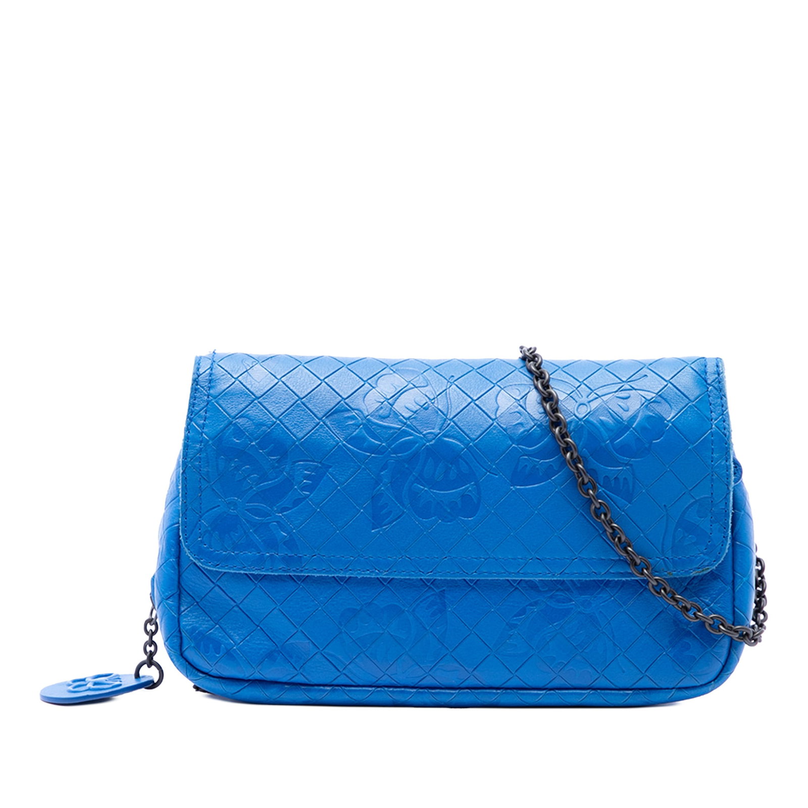 Bottega Veneta embossed butterfly chain crossbody bag: Bottega Veneta embossed butterfly chain crossbody bag This Bottega Veneta Small Calfskin Intrecciomirage Embossed Butterfly Chain Crossbody bag features a blue embossed leather body with a butterfly m