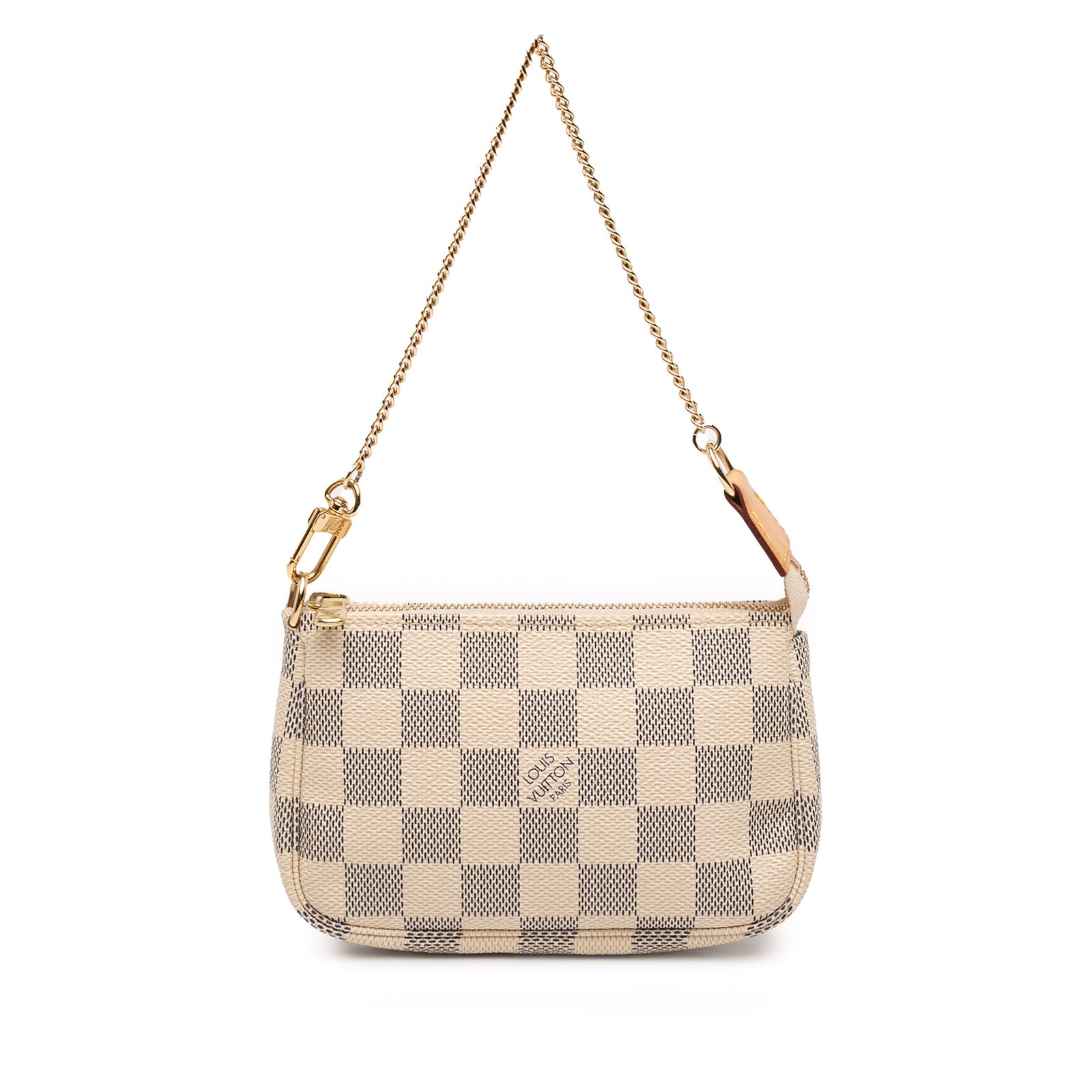 Louis Vuitton Mini Pochette Accessoires Damier Azur Canvas Bag: Louis Vuitton Mini Pochette Accessoires Damier Azur Canvas Bag Louis Vuitton Damier Azur Mini Pochette Accessoires in white Damier Azur canvas with a chain link strap and top zip closure. Made in Fran
