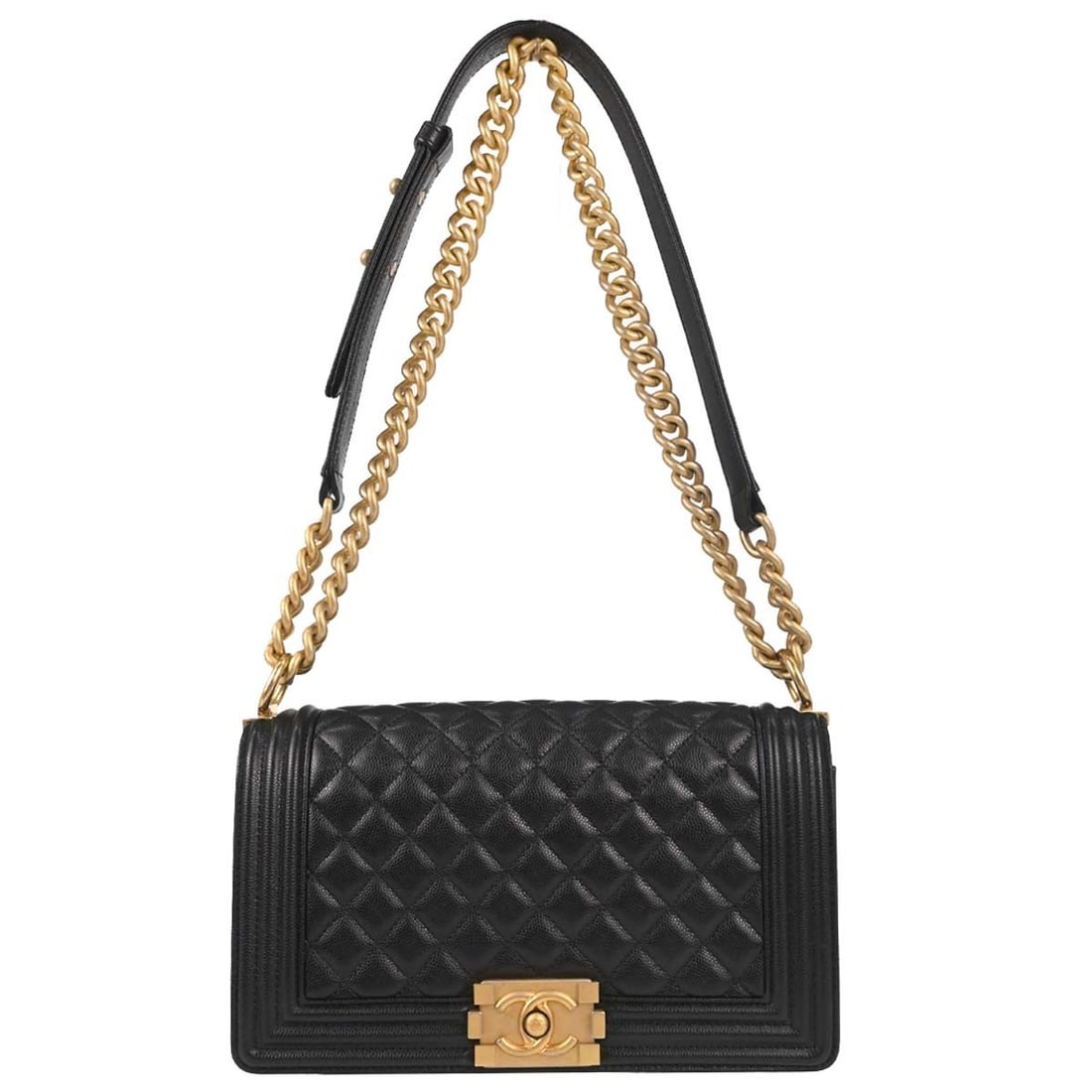 CHANEL Boy Medium Shoulder Bag Black Caviar Leather Chain Strap: CHANEL Boy Medium Shoulder Bag Black Caviar Leather Chain Strap Chanel Boy medium shoulder bag in black caviar skin leather with a push-lock closure, quilted exterior, and silver-tone hardware. This w