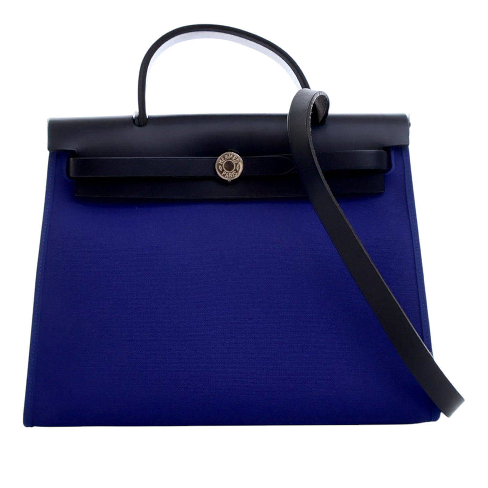 Blue Fabric Herbag Zip 31 Shoulder Bag with Leather Handle by Hermes: Blue Fabric Herbag Zip 31 Shoulder Bag with Leather Handle by Hermes This Hermes Herbag Zip 31 handbag features a canvas body in Bleu Electrique color, complemented by a flat leather top handle and a 
