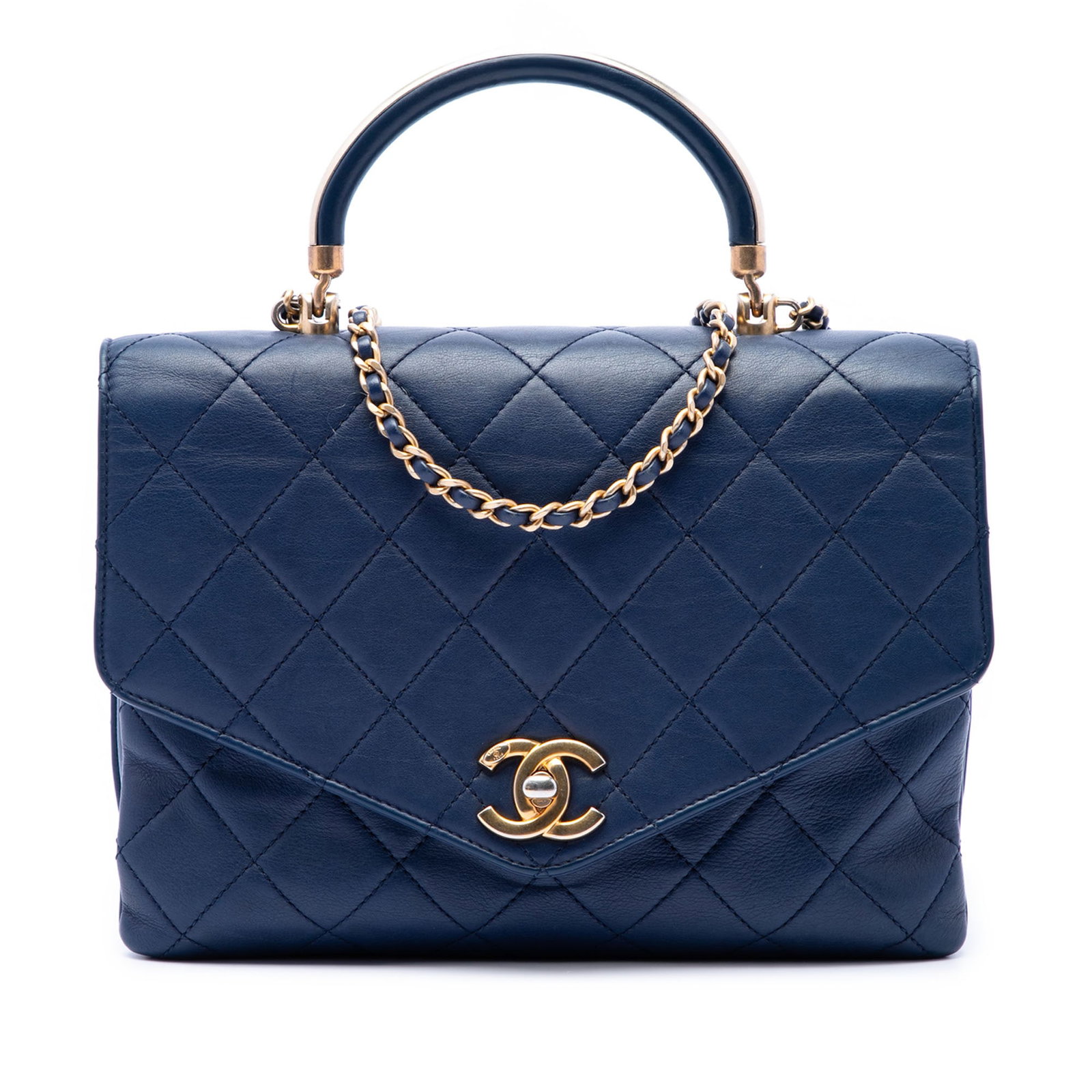 Chanel CC Envelope Flap Satchel in Blue Quilted Calfskin: Chanel CC Envelope Flap Satchel in Blue Quilted Calfskin This Chanel satchel is crafted in blue quilted calfskin and features a metal top handle, a leather-woven chain strap with leather guard, and a 