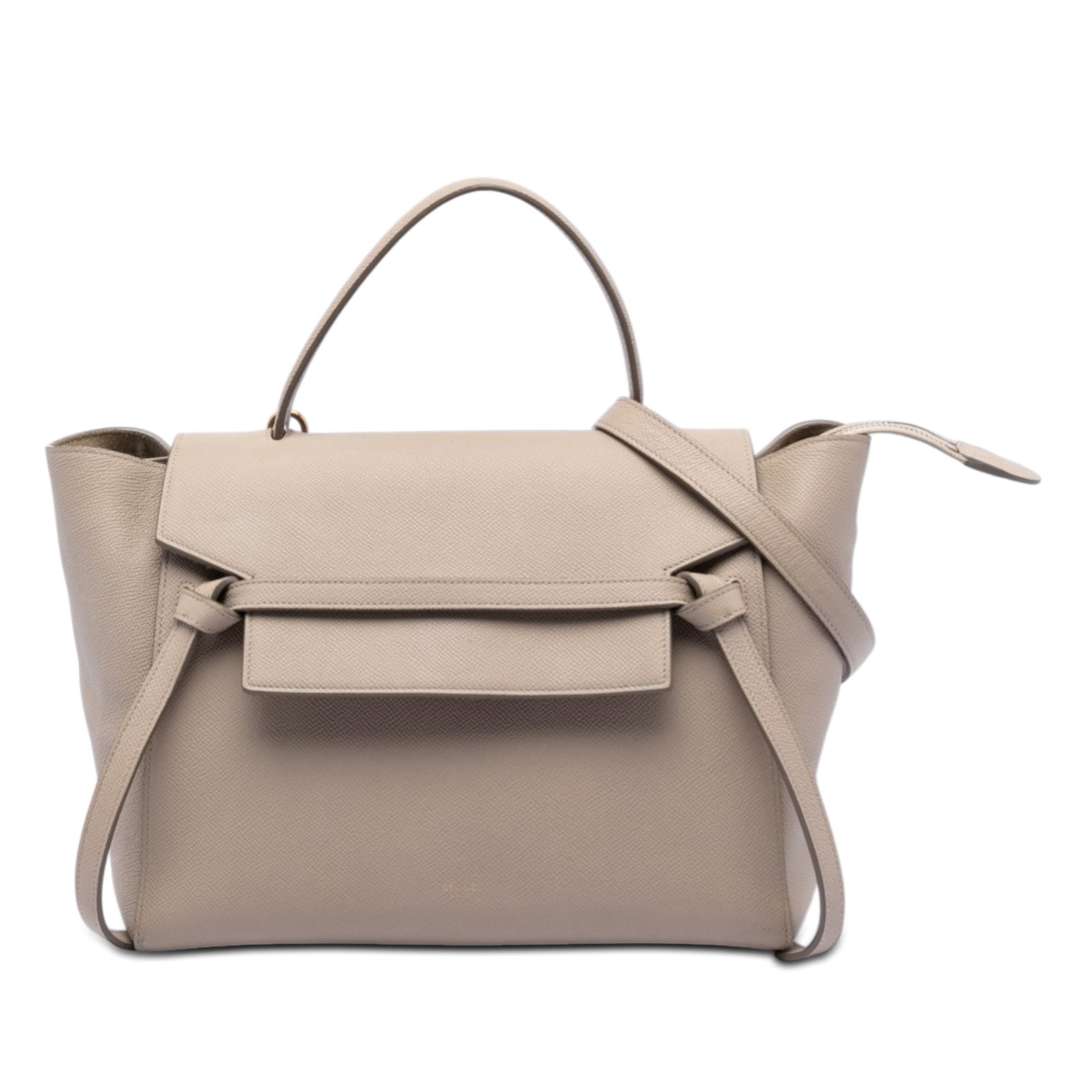 Celine Beige Grained Calfskin Mini Belt Bag: Celine Beige Grained Calfskin Mini Belt Bag This Celine Mini Grained Calfskin Belt Bag is crafted from beige leather and features a structured silhouette with a flat leather top handle and a detachabl