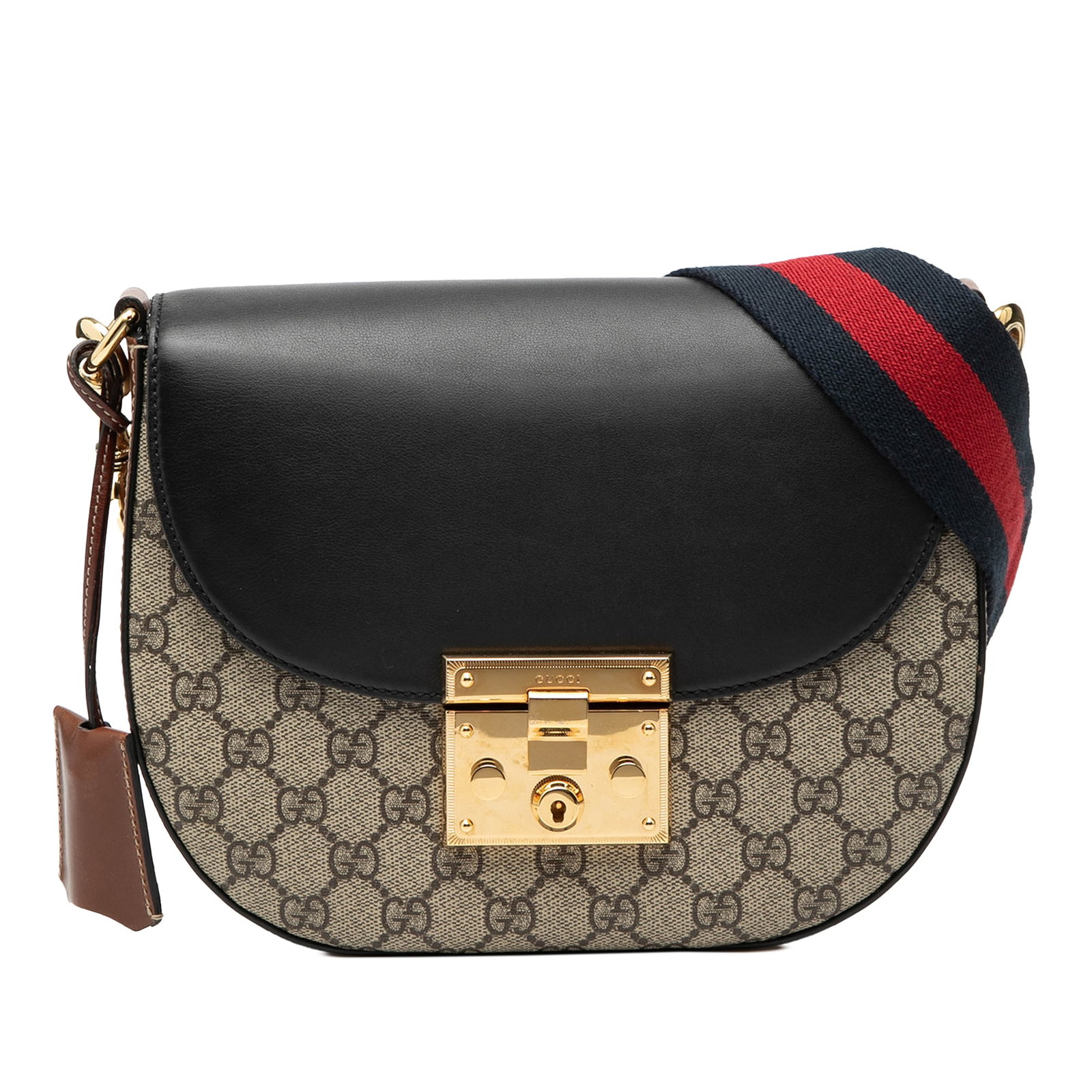 Gucci GG Supreme Padlock Web Crossbody Bag Beige: Gucci GG Supreme Padlock Web Crossbody Bag Beige Gucci GG Supreme Web Padlock Crossbody bag in beige, made with a coated canvas and leather body. It features a detachable and adjustable flat web canva