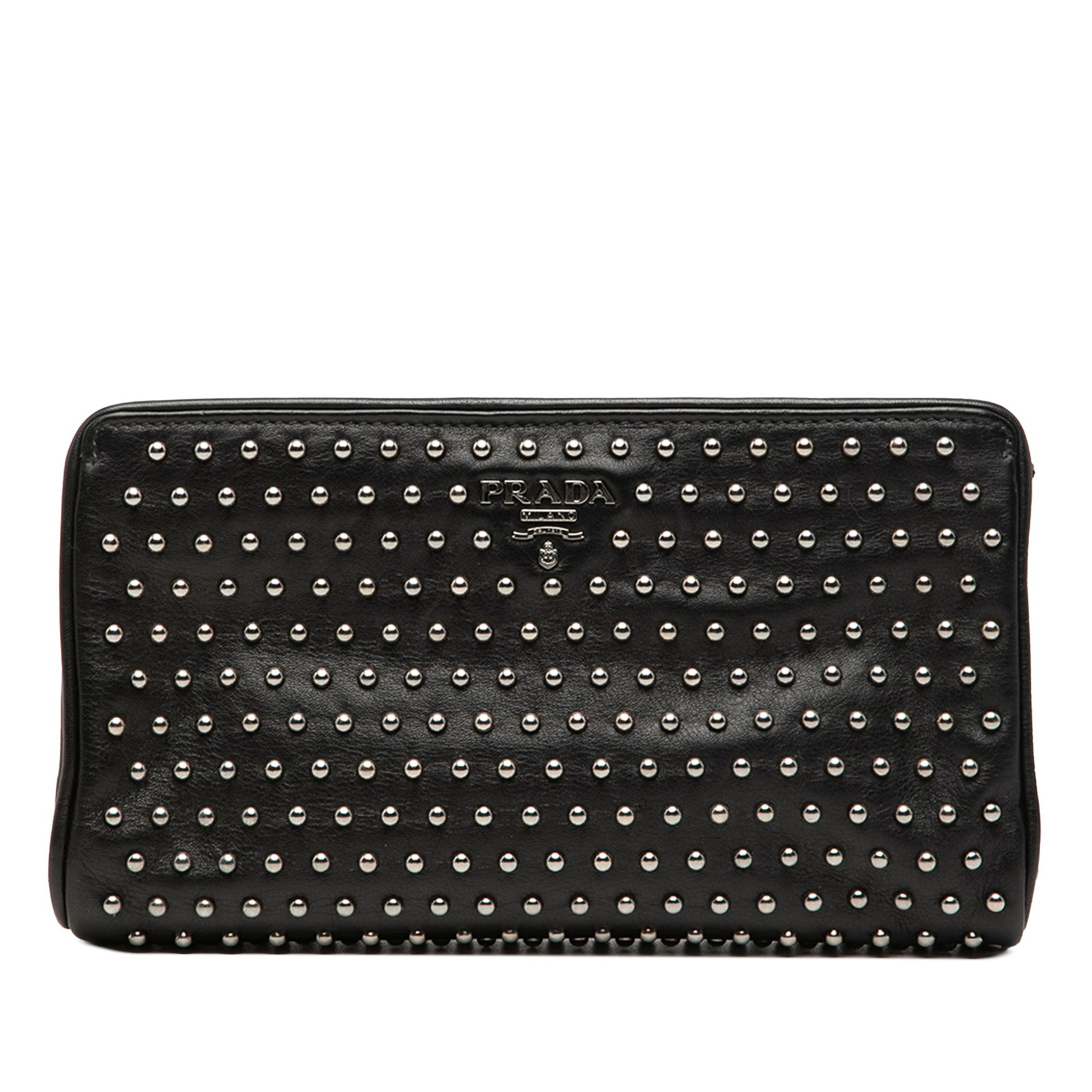 Black Leather Clutch with Studded Accents by Prada: Black Leather Clutch with Studded Accents by Prada This Prada clutch features a black studded leather exterior with a metal frame and clasp closure. The bag includes an interior slip pocket and is cra