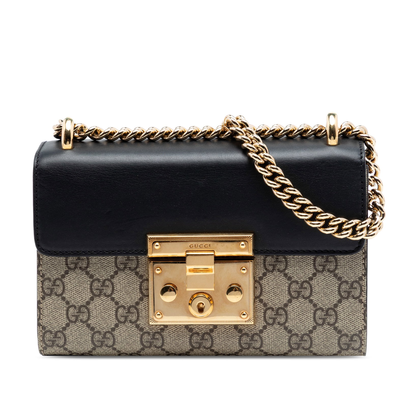 Gucci Padlock Small GG Supreme Crossbody Bag Beige: Gucci Padlock Small GG Supreme Crossbody Bag Beige This Gucci Small GG Supreme Padlock Crossbody is a beige crossbody bag made in Italy. It features a coated canvas body, chain link strap, front flap 