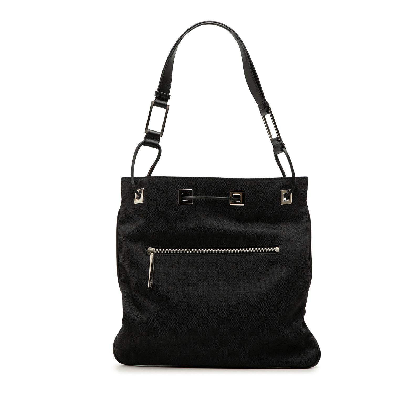 Gucci GG Canvas Drawstring Shoulder Bag Black: Gucci GG Canvas Drawstring Shoulder Bag Black This Gucci GG Canvas Shoulder Bag is crafted with a canvas body and leather trim, featuring a flat leather strap, an exterior zip pocket, an open top with