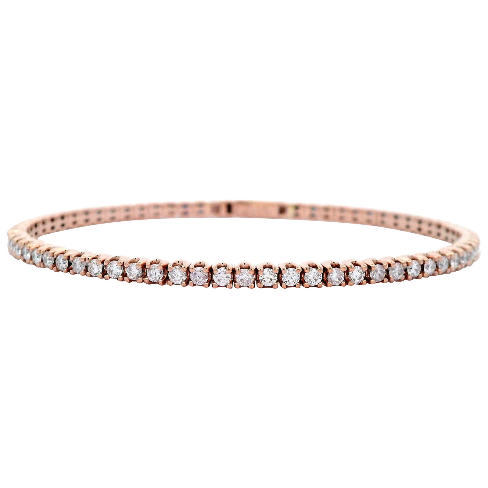 2.26ct Diamond Tennis Bangle Bracelet in 14k Rose Gold: 2.26ct Diamond Tennis Bangle Bracelet in 14k Rose Gold This exquisite modern flexible tennis bangle bracelet showcases 93 round diamonds totaling 2.26 carats, featuring approximately E/F color and SI 