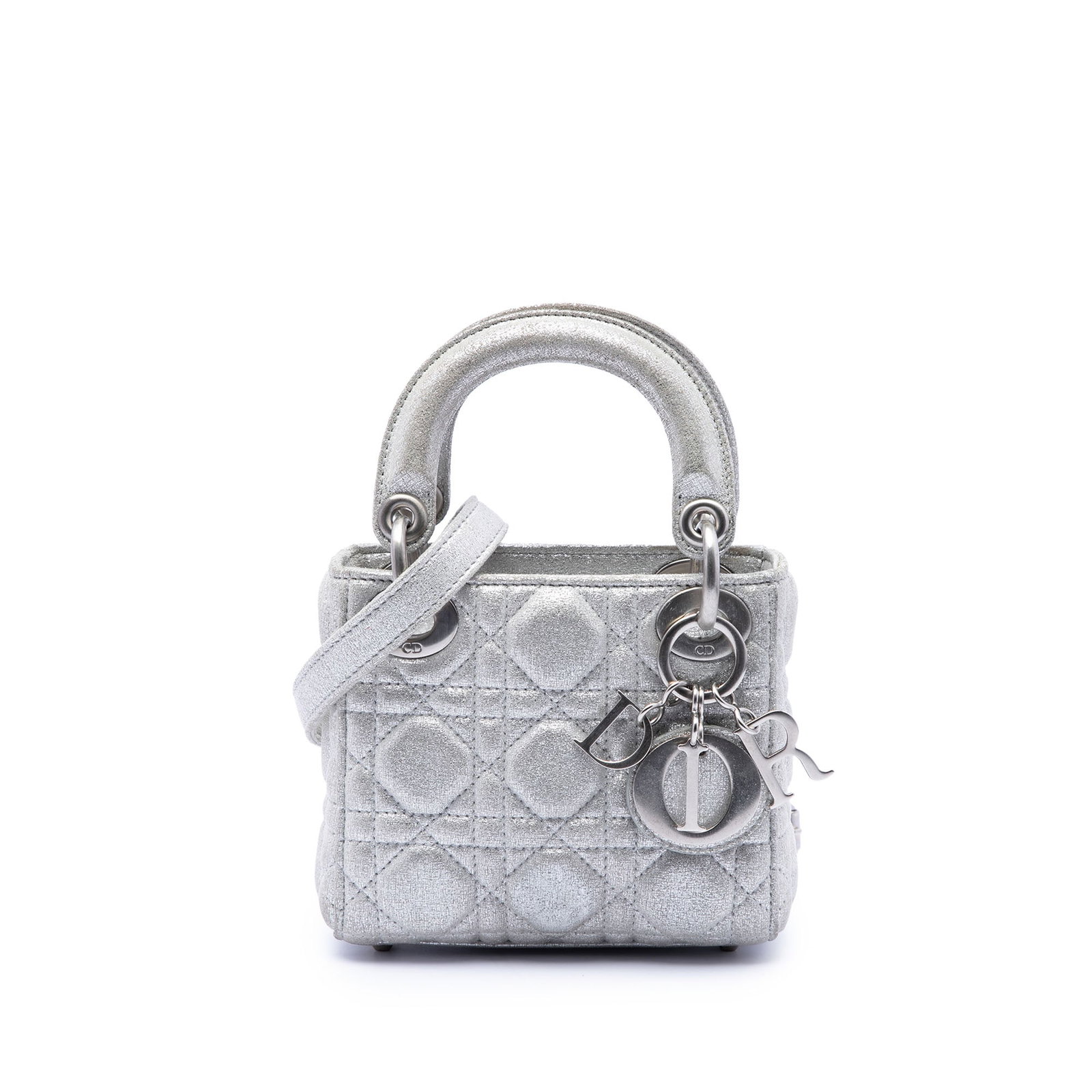 Dior Lady Dior Micro Bag Metallic Calfskin Cannage Silver: Dior Lady Dior Micro Bag Metallic Calfskin Cannage Silver This Lady Dior micro bag features a quilted metallic leather body in silver, flat leather top handles, and a detachable chain strap with a lea